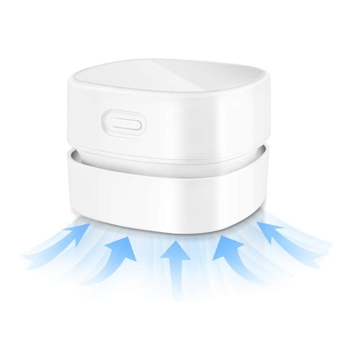 Biały, kompaktowy oczyszczacz powietrza z niebieskimi strzałkami wskazującymi przepływ powietrza. Ma zaokrągloną górę.