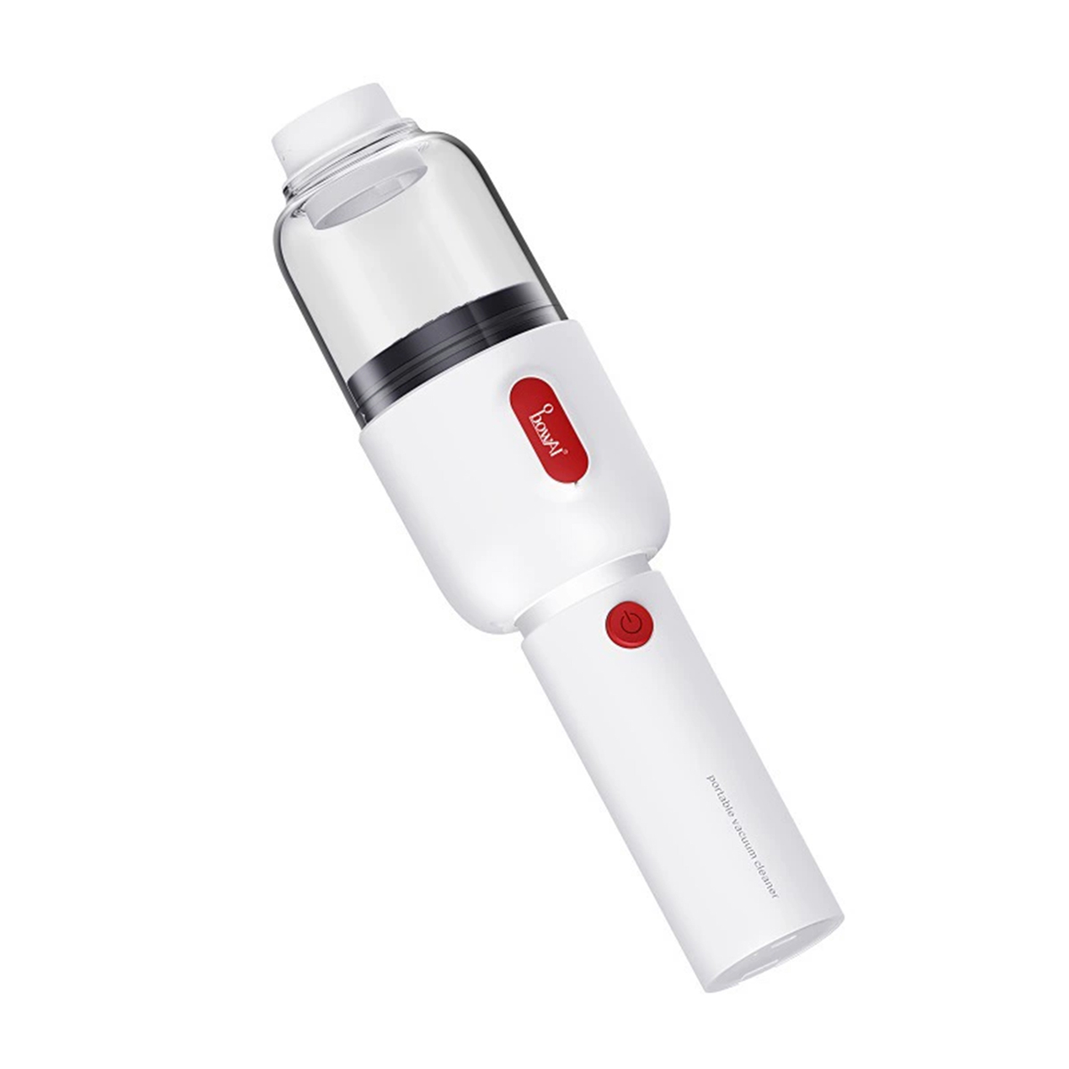 Biały i czerwony przenośny odkurzacz, widok z góry.