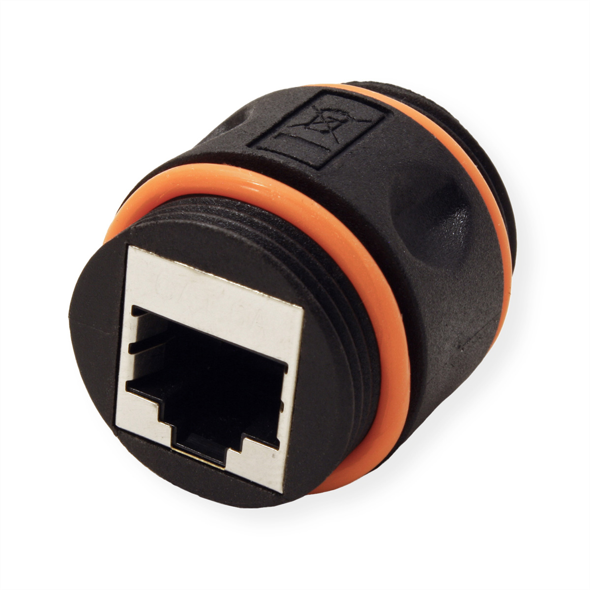 Un connecteur RJ45 noir étanche avec un joint orange. Un port RJ45 blanc est visible.