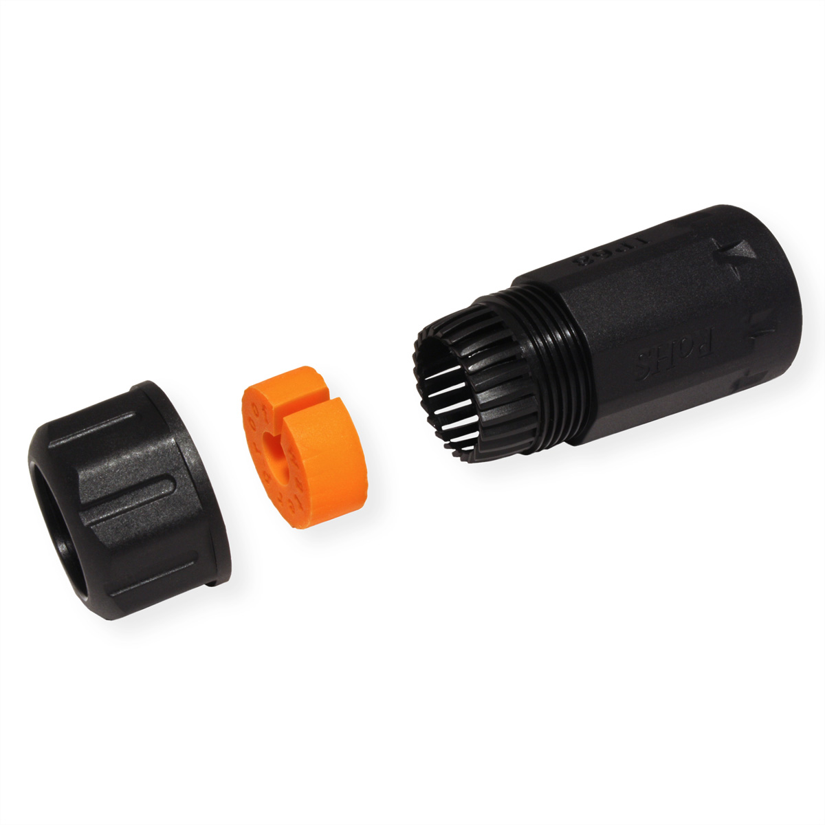 Connecteur noir avec une pièce orange séparée. Fond blanc.