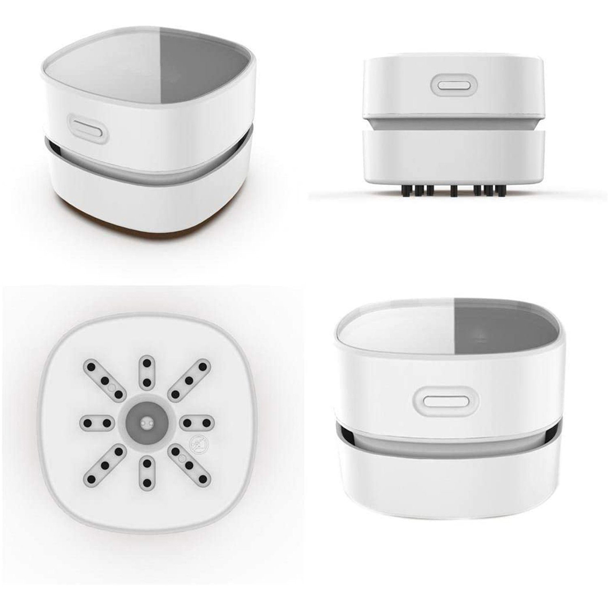 Cztery widoki małego, białego, wielofunkcyjnego odkurzacza. Czysty design, kompaktowy rozmiar.