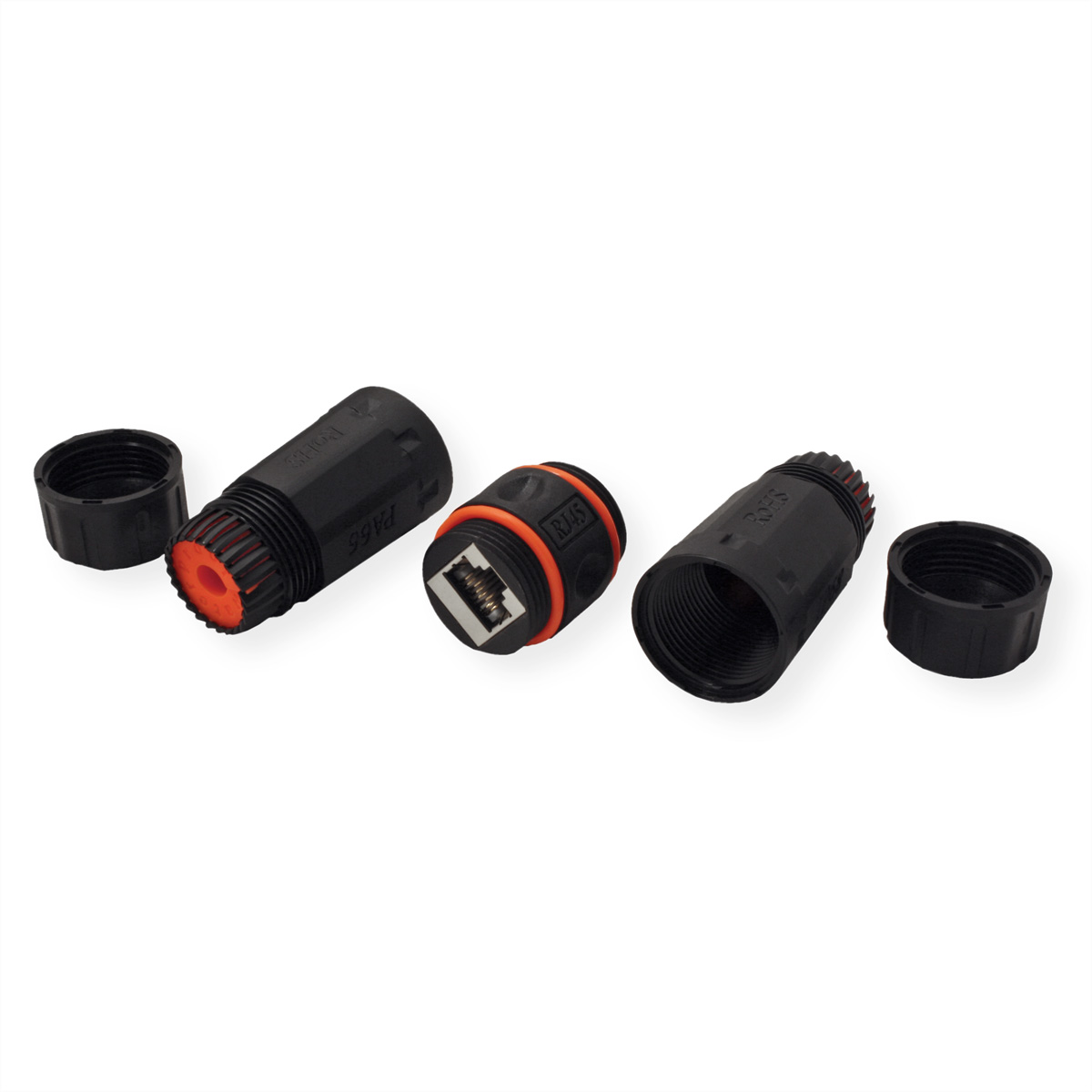 Trois connecteurs RJ45 noirs, un avec un anneau orange et un autre avec un port RJ45, le tout sur fond blanc.