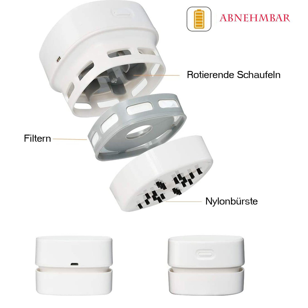 Widok rozłożony małego, białego odkurzacza bezprzewodowego, pokazujący elementy składowe.