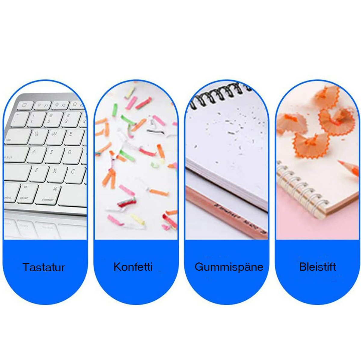 Cztery obrazy z etykietami: klawiatura, konfetti, wióry gumki, ołówek.