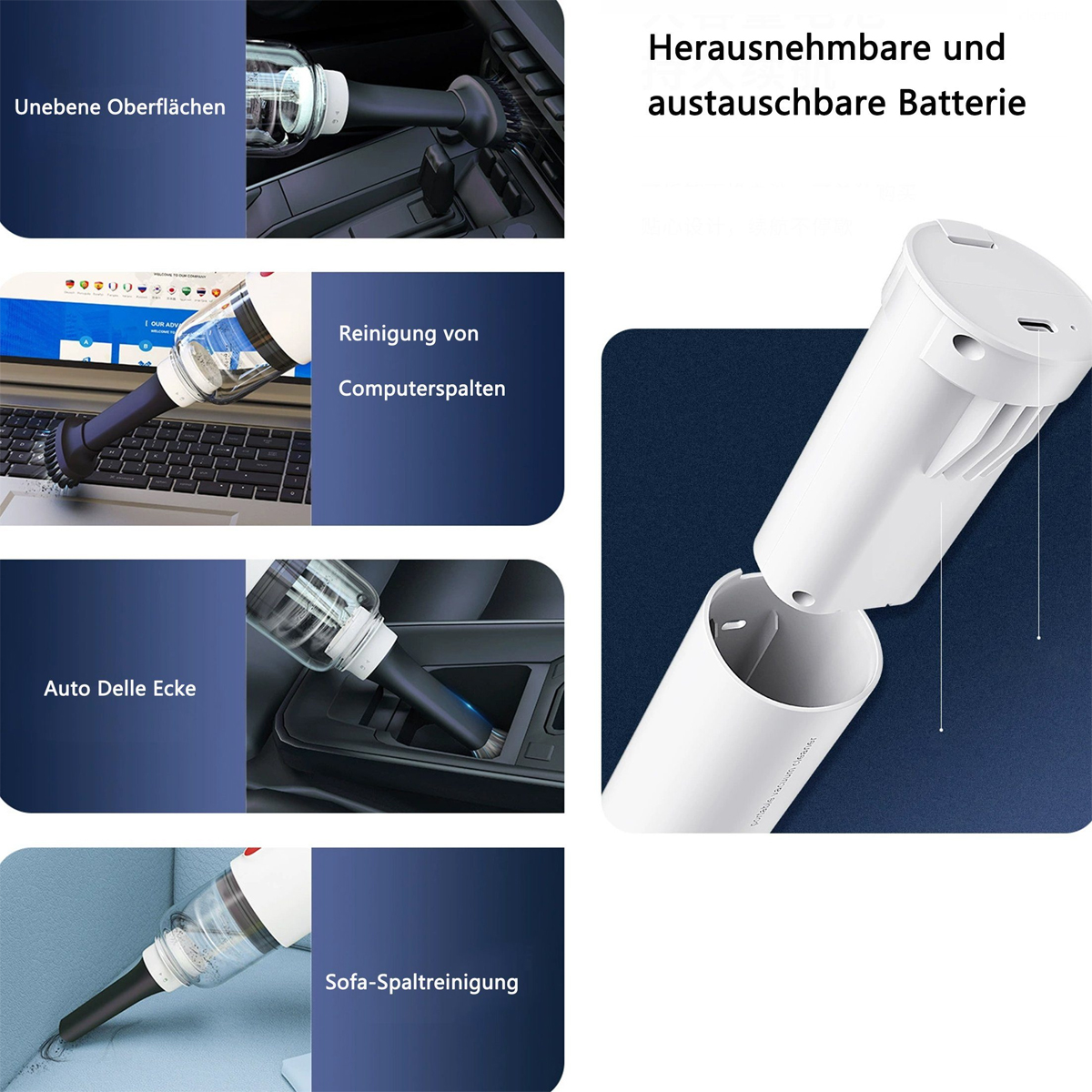 Obrazy pokazujące różne zastosowania odkurzacza ręcznego, w tym czyszczenie ciasnych przestrzeni i samochodu.