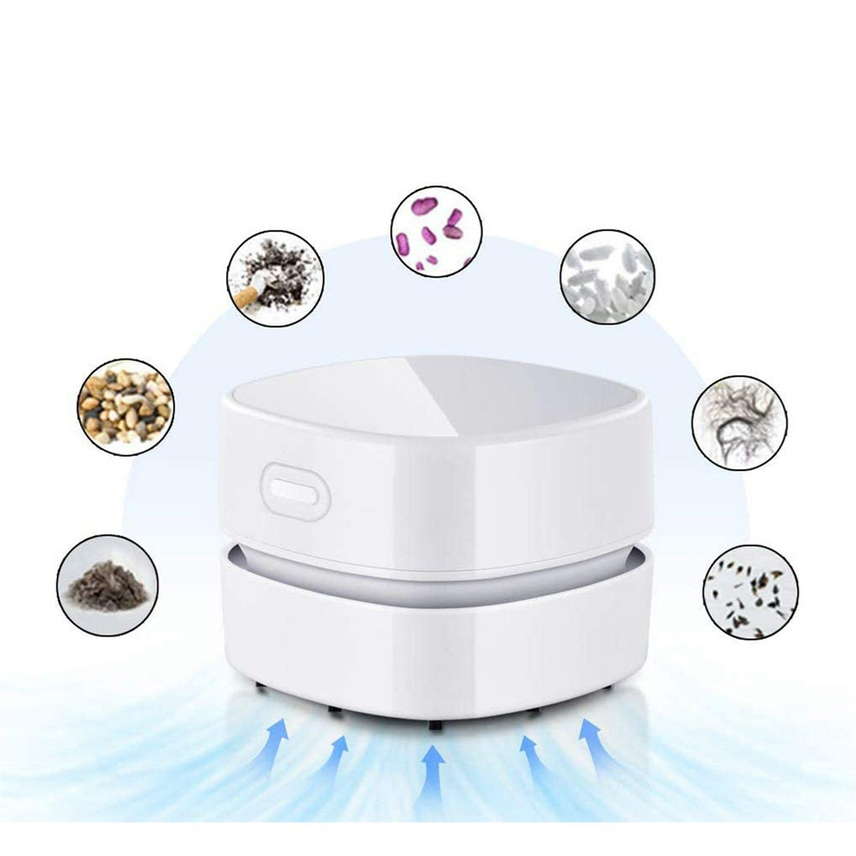 Biały mini odkurzacz z otaczającymi cząsteczkami wskazującymi na kurz i zanieczyszczenia.