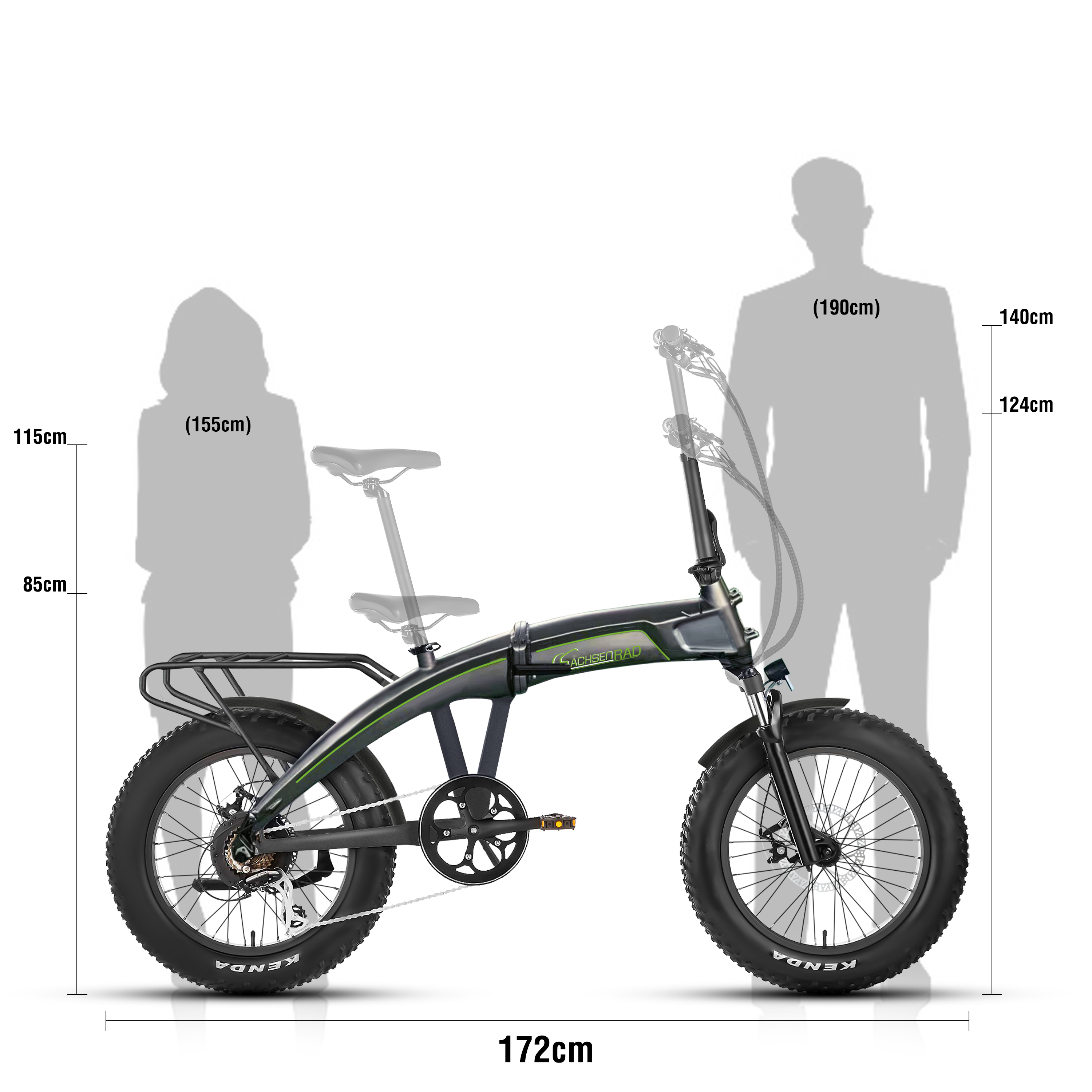 Klappbares Elektrofahrrad mit Maßen und menschlichen Silhouetten. Schwarz und grün.