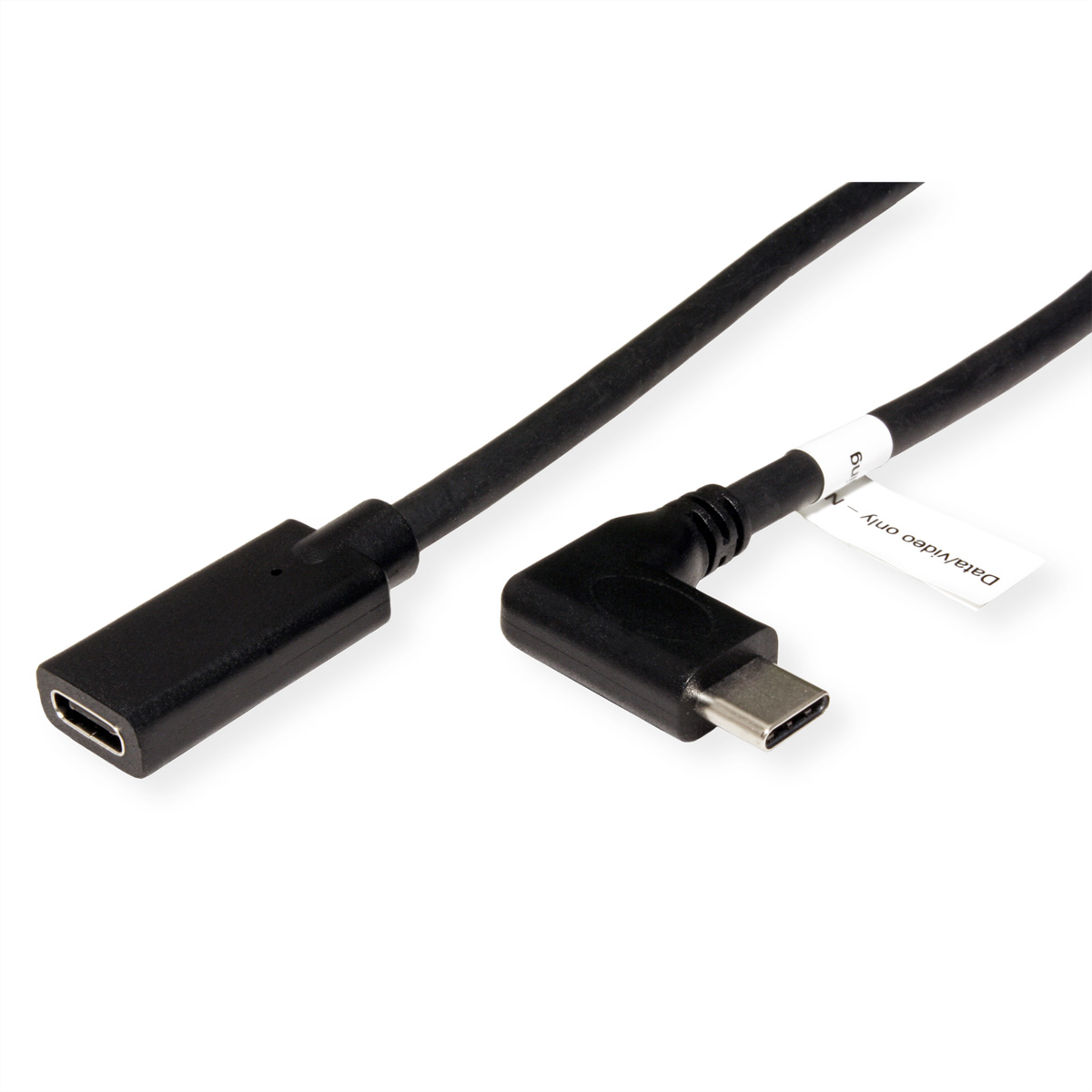 Schwarzes USB-C-Kabel mit einem abgewinkelten Stecker. Es hat einen USB-C- und einen USB-A-Anschluss.
