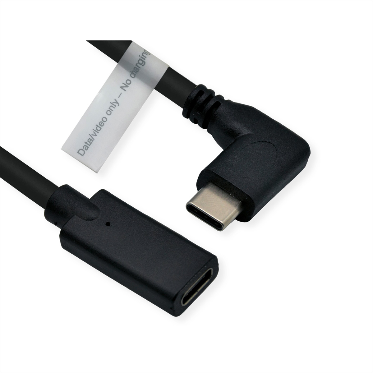 Schwarzes USB-C-Kabel mit abgewinkeltem Stecker und Etikett.
