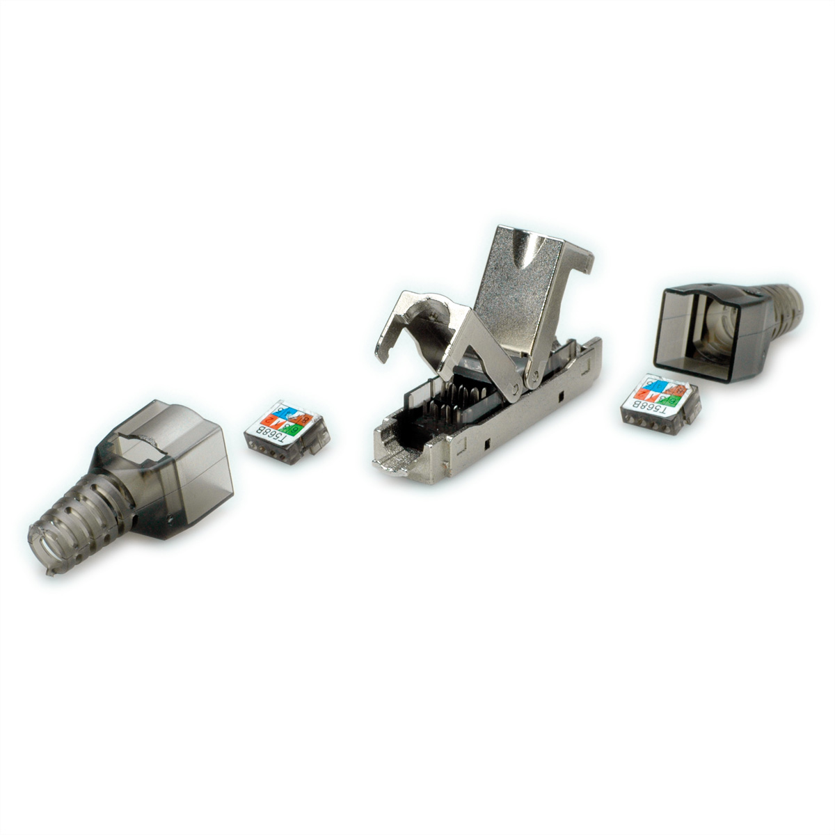 Netwerkkabelconnectoren gedemonteerd. Inclusief de connector en twee RJ45-stekkers.