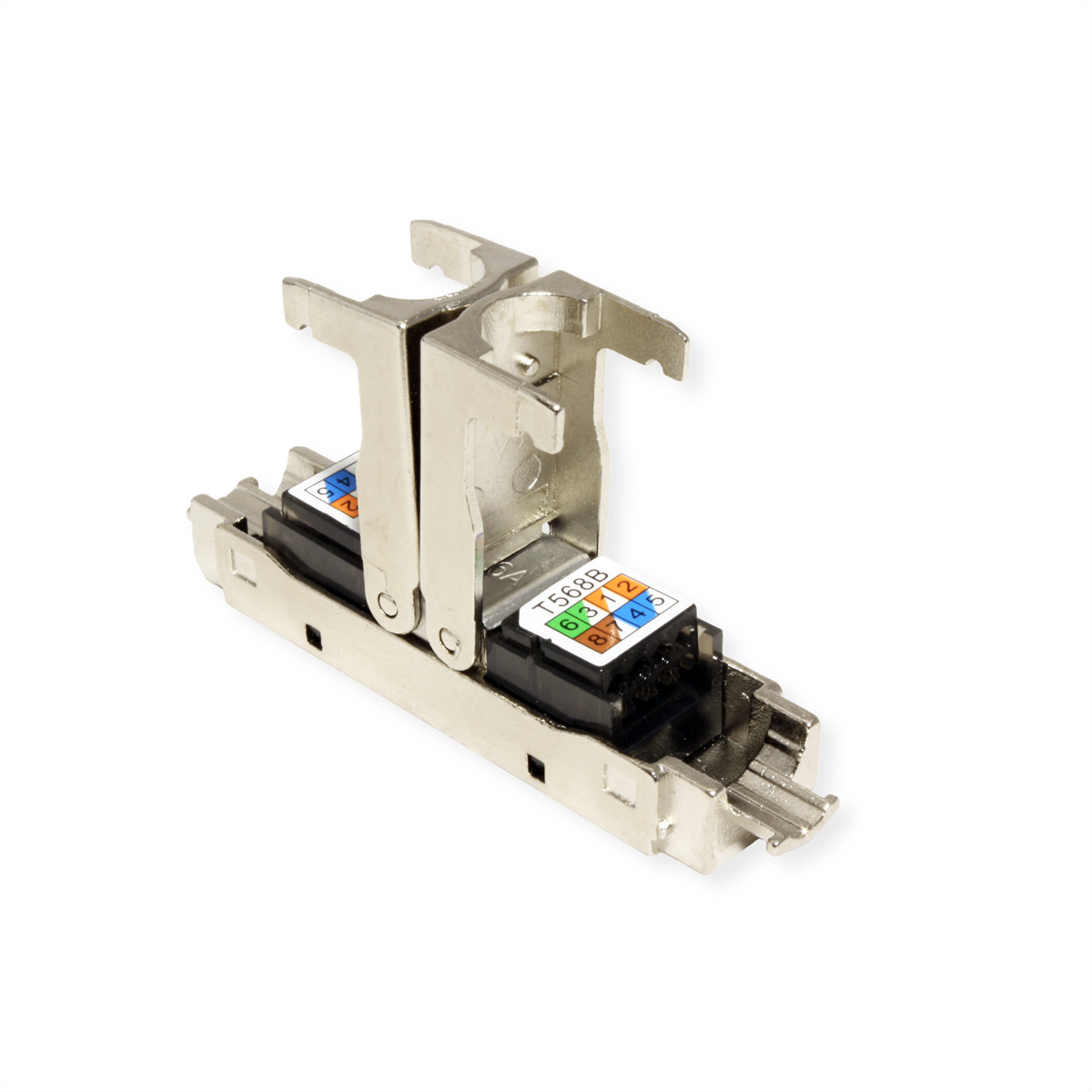 Zilveren RJ45 connector met gekleurde draden en markeringen, gebruikt in netwerken.