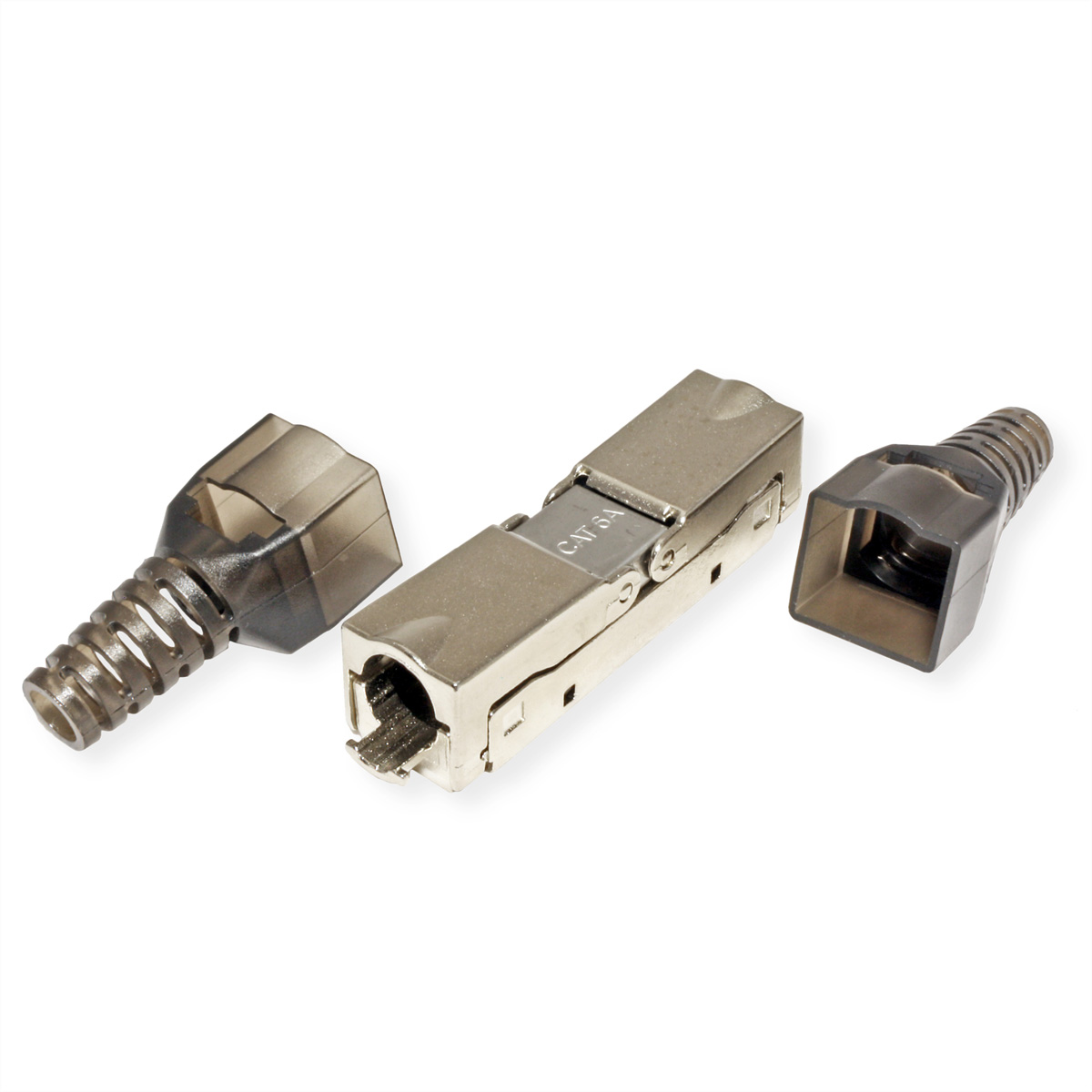 Een zilveren RJ45-connector met een zwarte kabel en eindkappen. CAT5e staat erop.