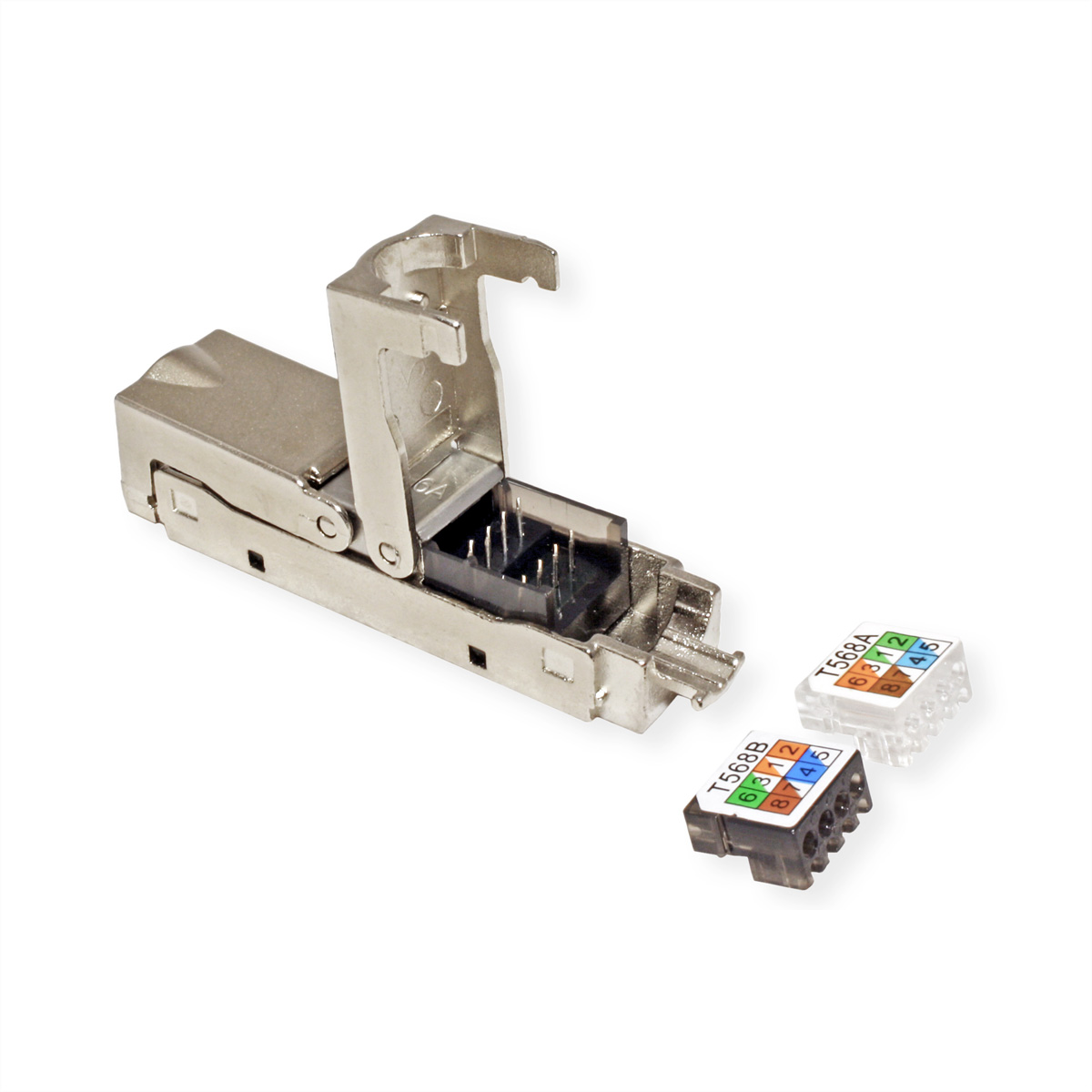 Een zilveren RJ45-connector met twee kleurgecodeerde inzetstukken voor bedrading, op een witte achtergrond.