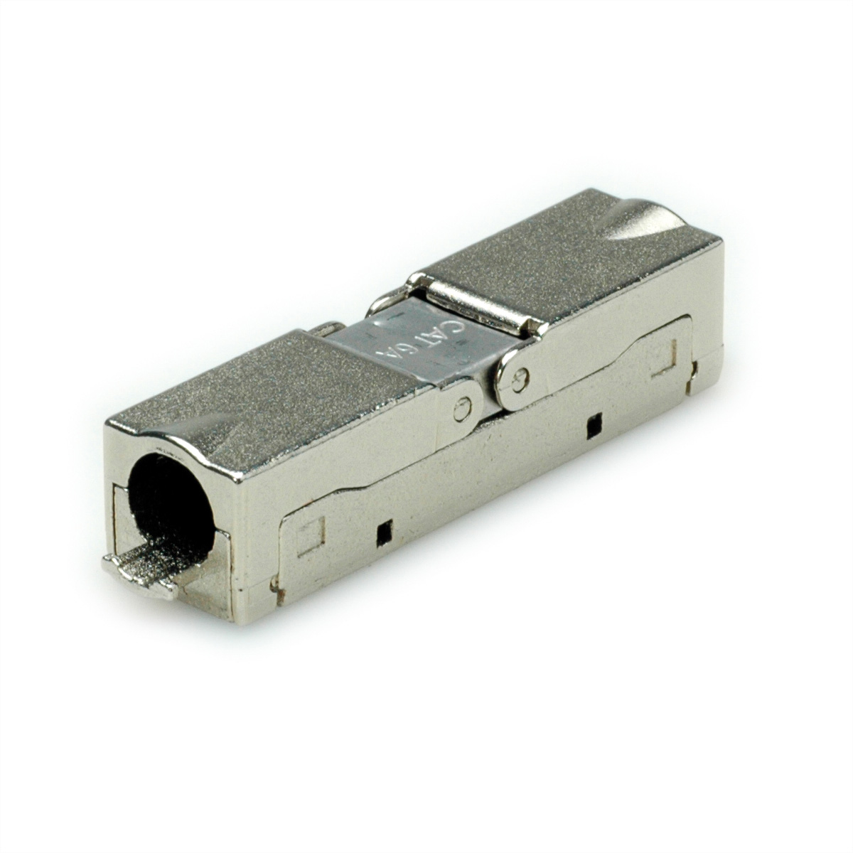 Zilveren CAT 6A-connector. Rechthoekig met gat aan één kant en een kleine clip.