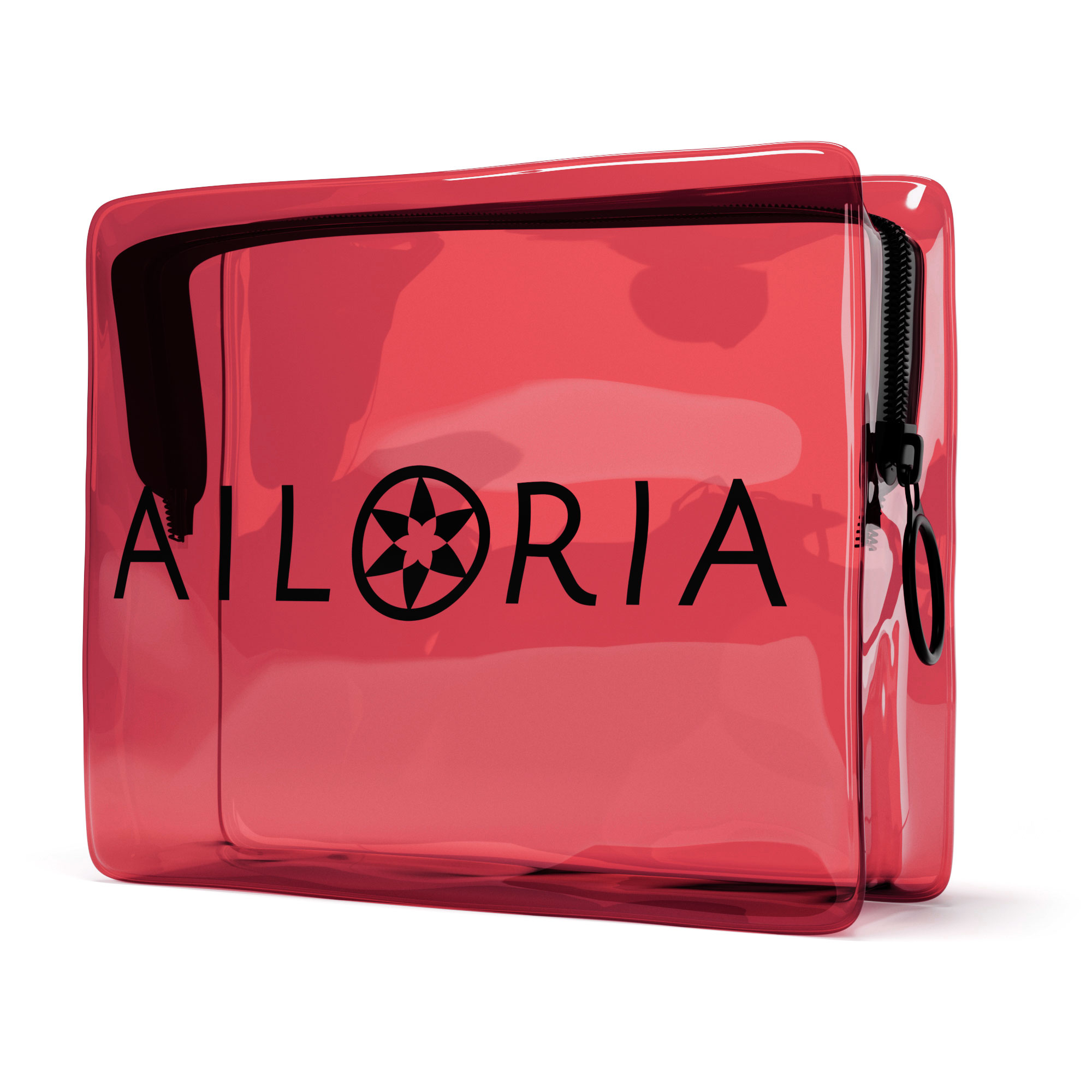 Rote, transparente Kosmetiktasche mit schwarzem Reißverschluss und dem Wort AILORIA.