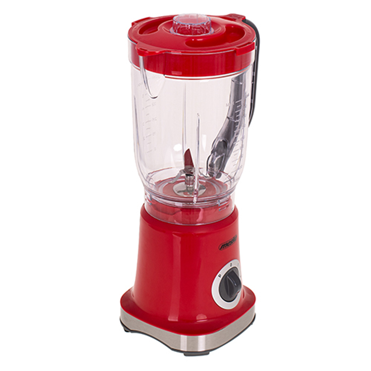 Roter Mixer mit transparentem Behälter, zeigt den Sockel und den Drehknopf.
