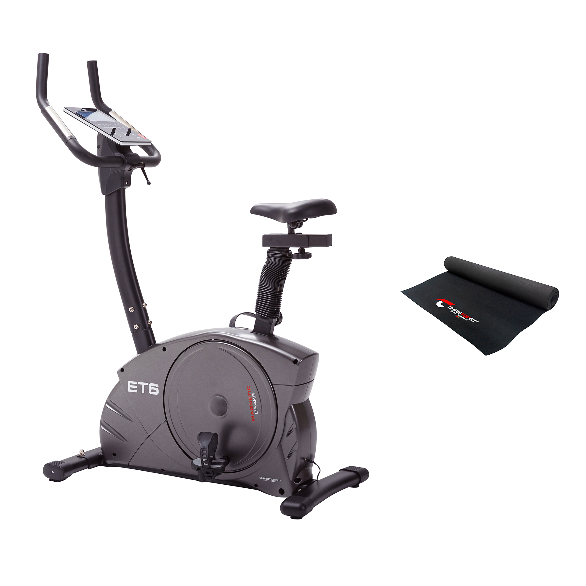 Heimtrainer und Matte. Weißer Hintergrund.