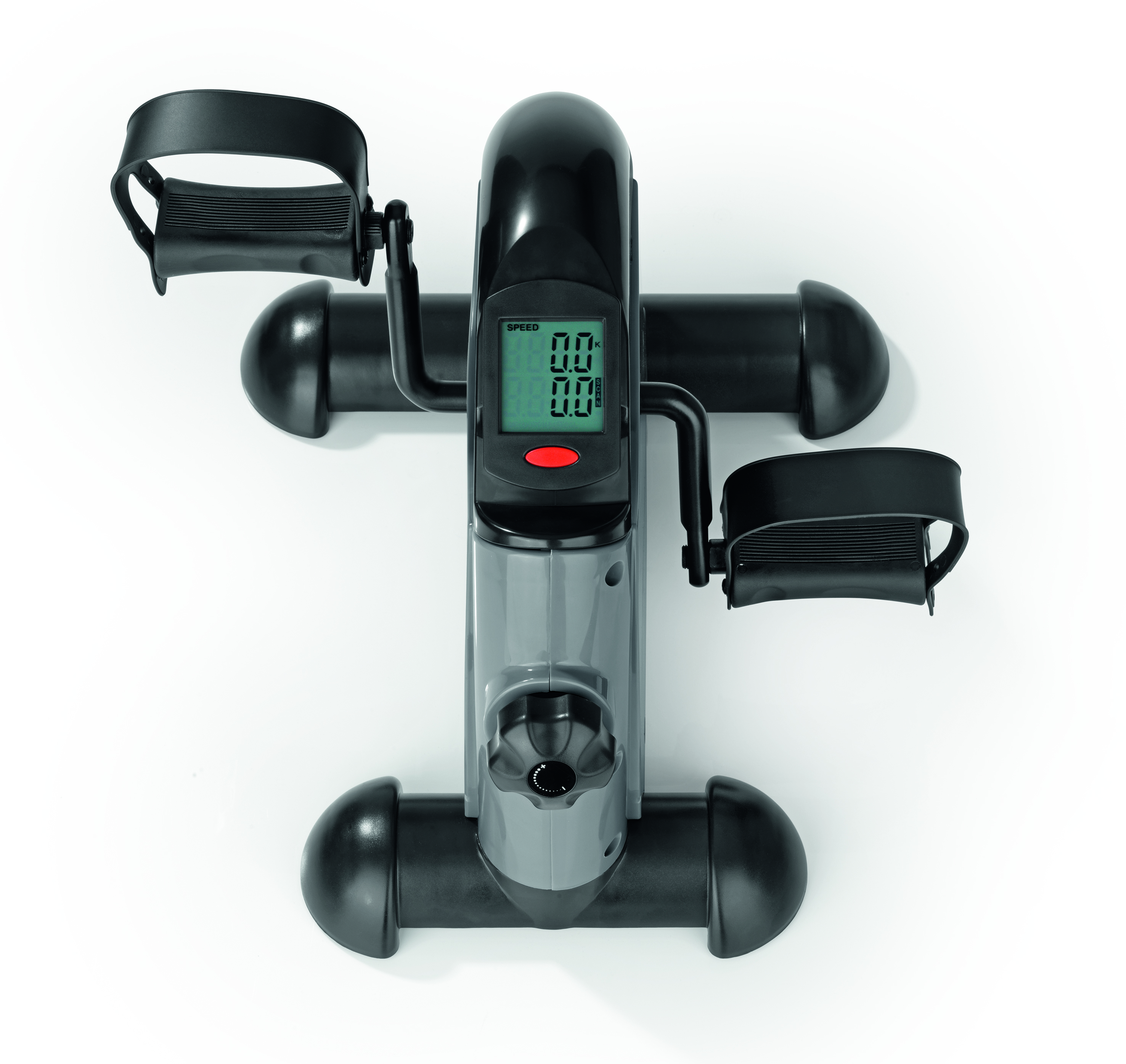 Mini-Heimtrainer. Das Display zeigt 0,0. Die Pedale sind schwarz. Der Körper ist grau und schwarz.