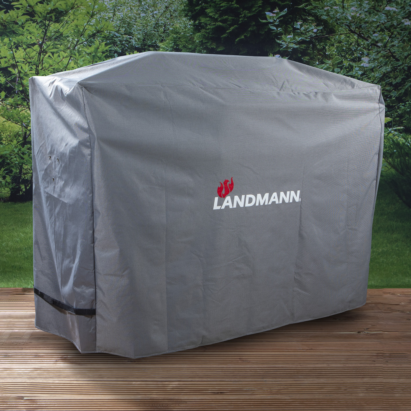 Szara osłona grilla ze słowem 'LANDMANN' i logo płomienia.