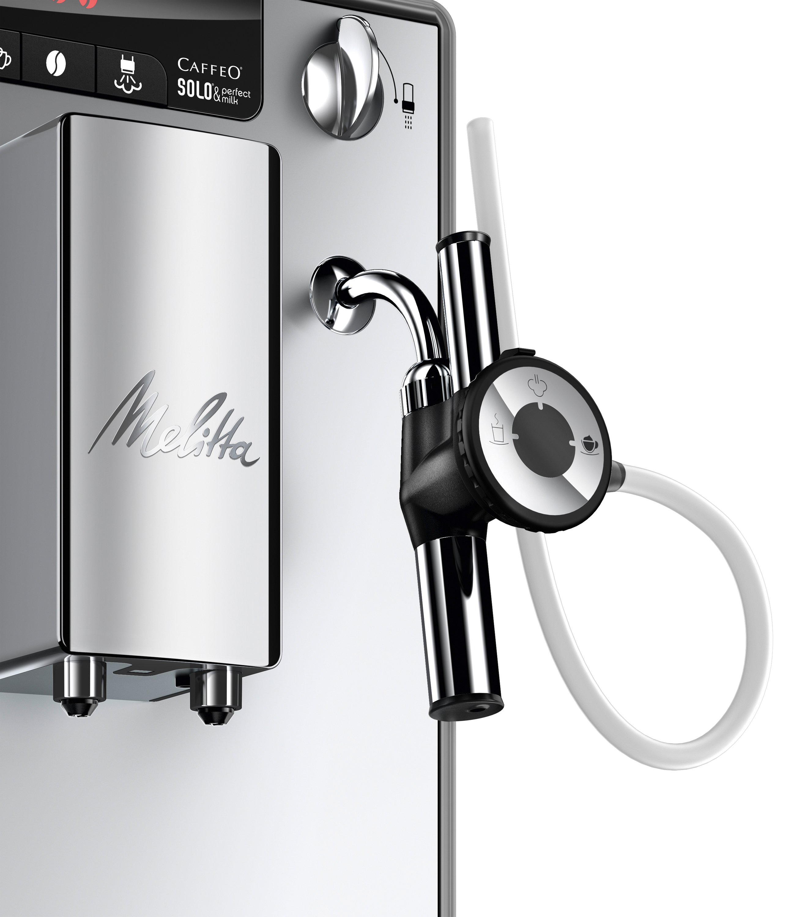 Nahaufnahme einer silber-schwarzen Espressomaschine mit Milchaufschäumer, die Marke Melitta ist sichtbar.
