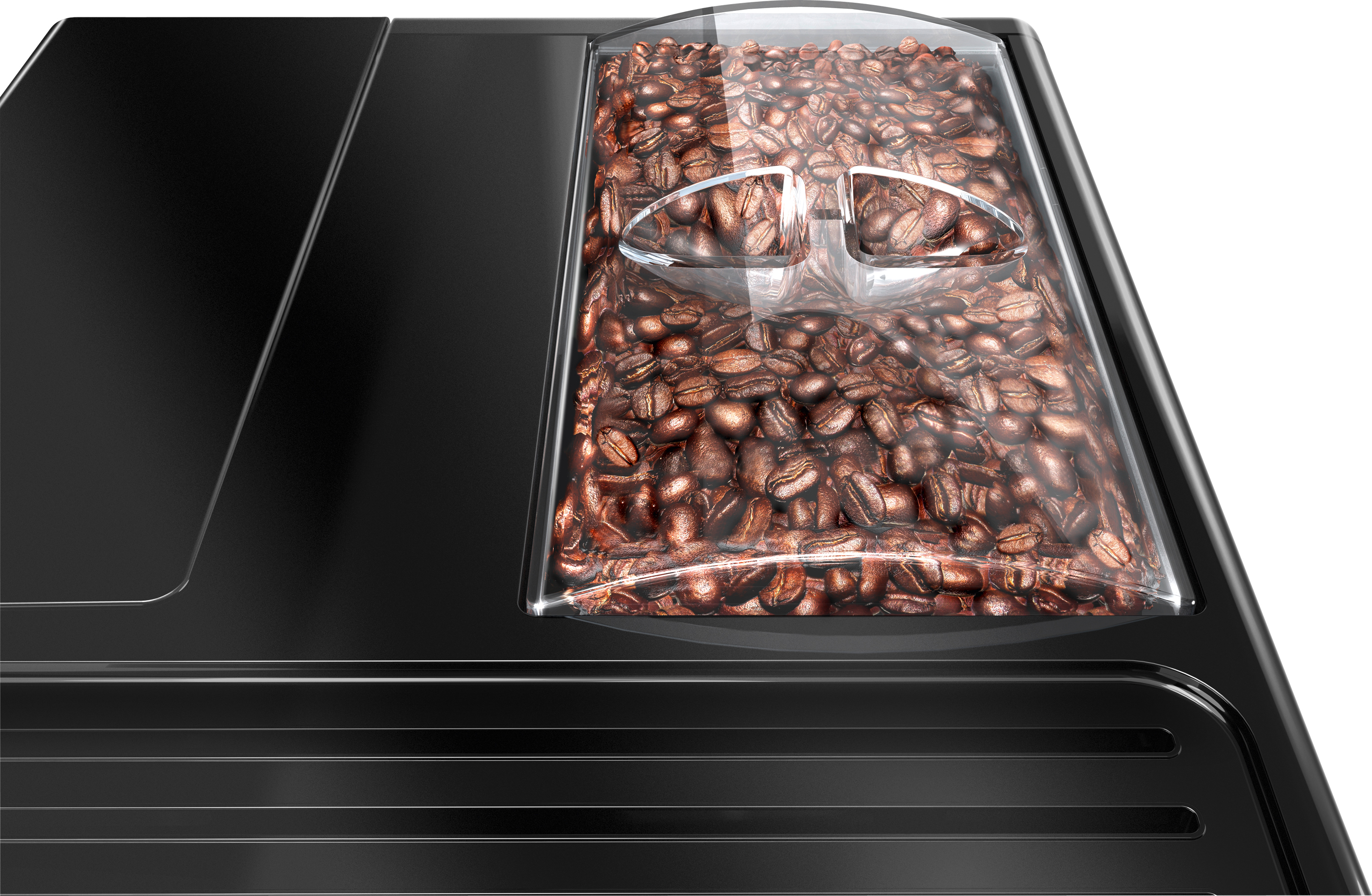 Nahaufnahme von Kaffeebohnen in einem transparenten Behälter auf einer schwarzen Maschine.