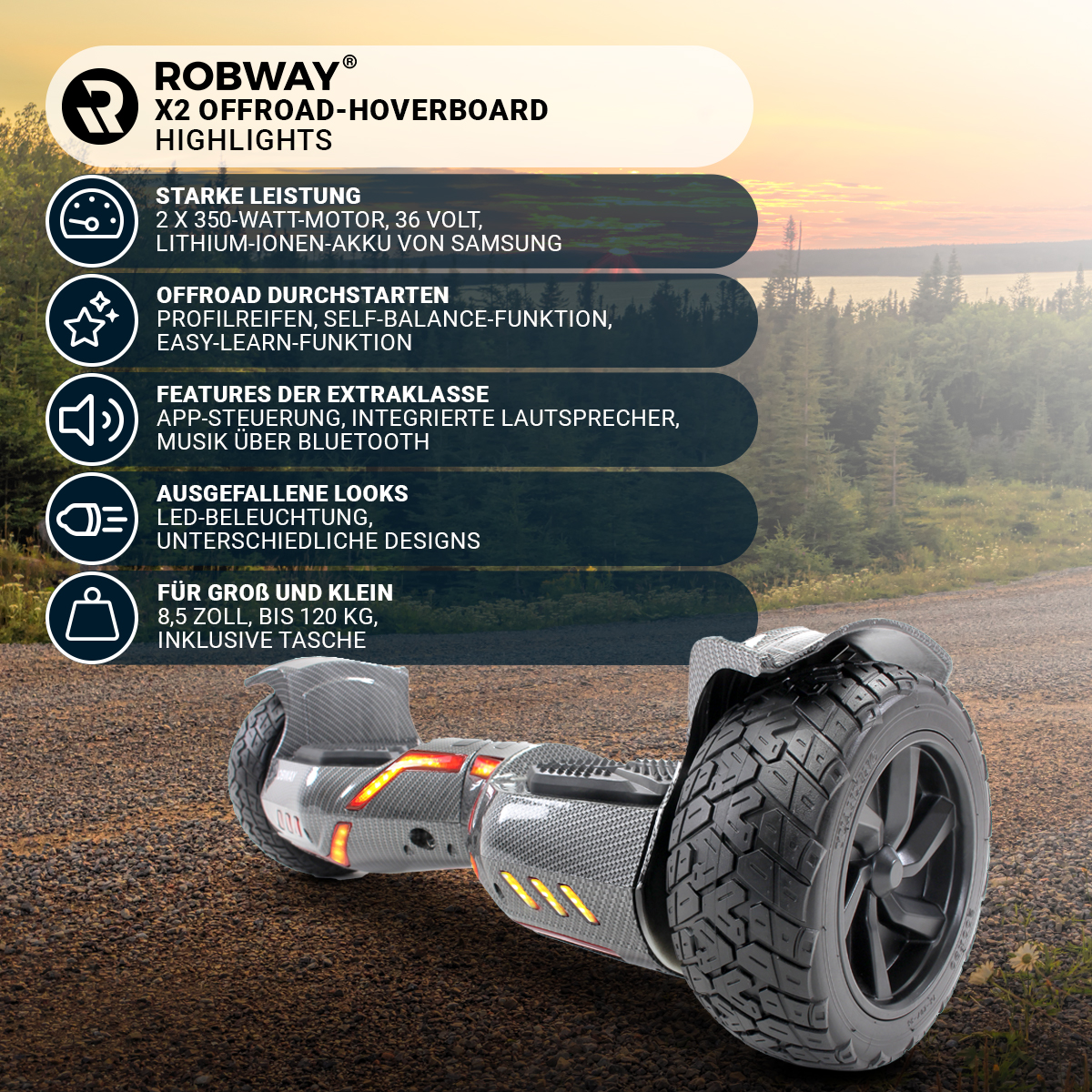 X2 ROBWAY (8,5 Balance Carbon) Zoll, Board Offroad-Hoverboard