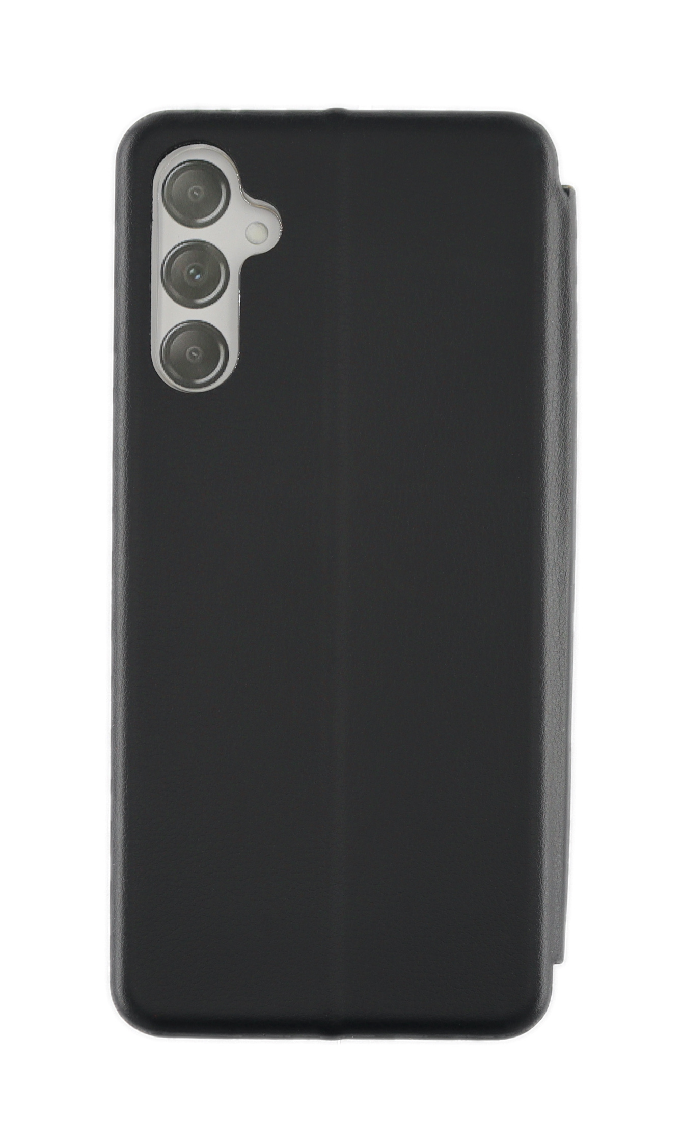 Ein schwarzes Telefon mit Dreifachkamera und schwarzer Klapphülle.