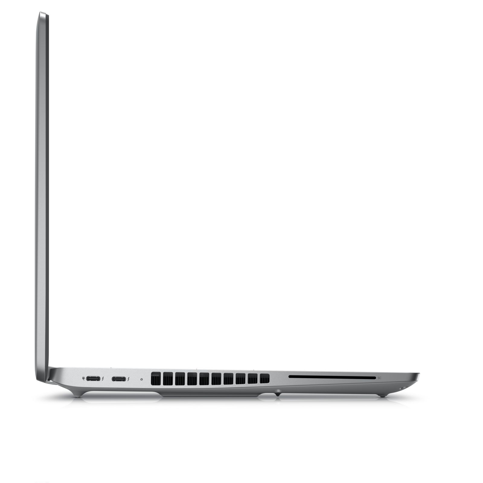 Vista laterale di un laptop argentato. Ha porte, prese d'aria, il lato è rivolto verso lo spettatore.