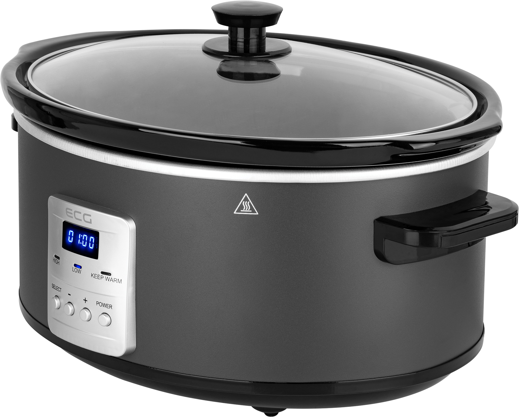 Ein dunkelgrauer Slow Cooker mit Glasdeckel. Hat ein digitales Display und Steuertasten.
