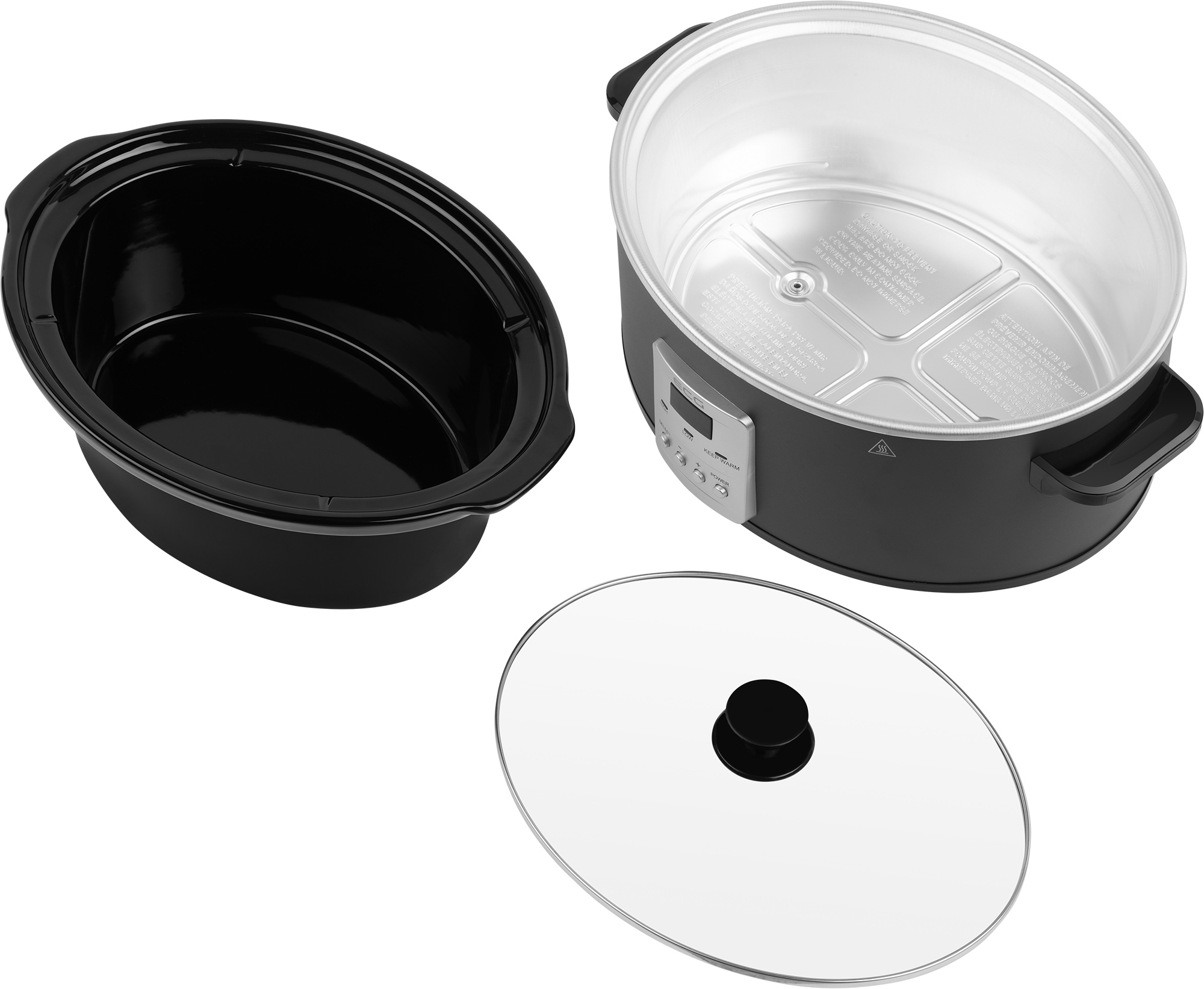 Schwarzer Slow Cooker mit herausnehmbarem Innentopf und Glasdeckel.