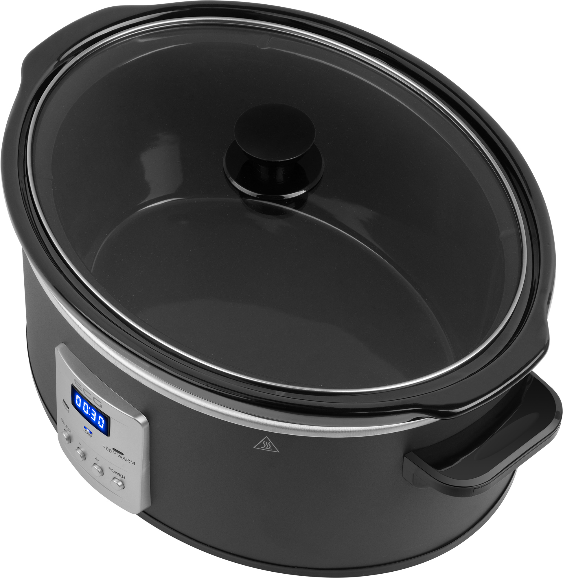 Schwarzer Slow Cooker mit Glasdeckel, Digitalanzeige und Griffen, Draufsicht.