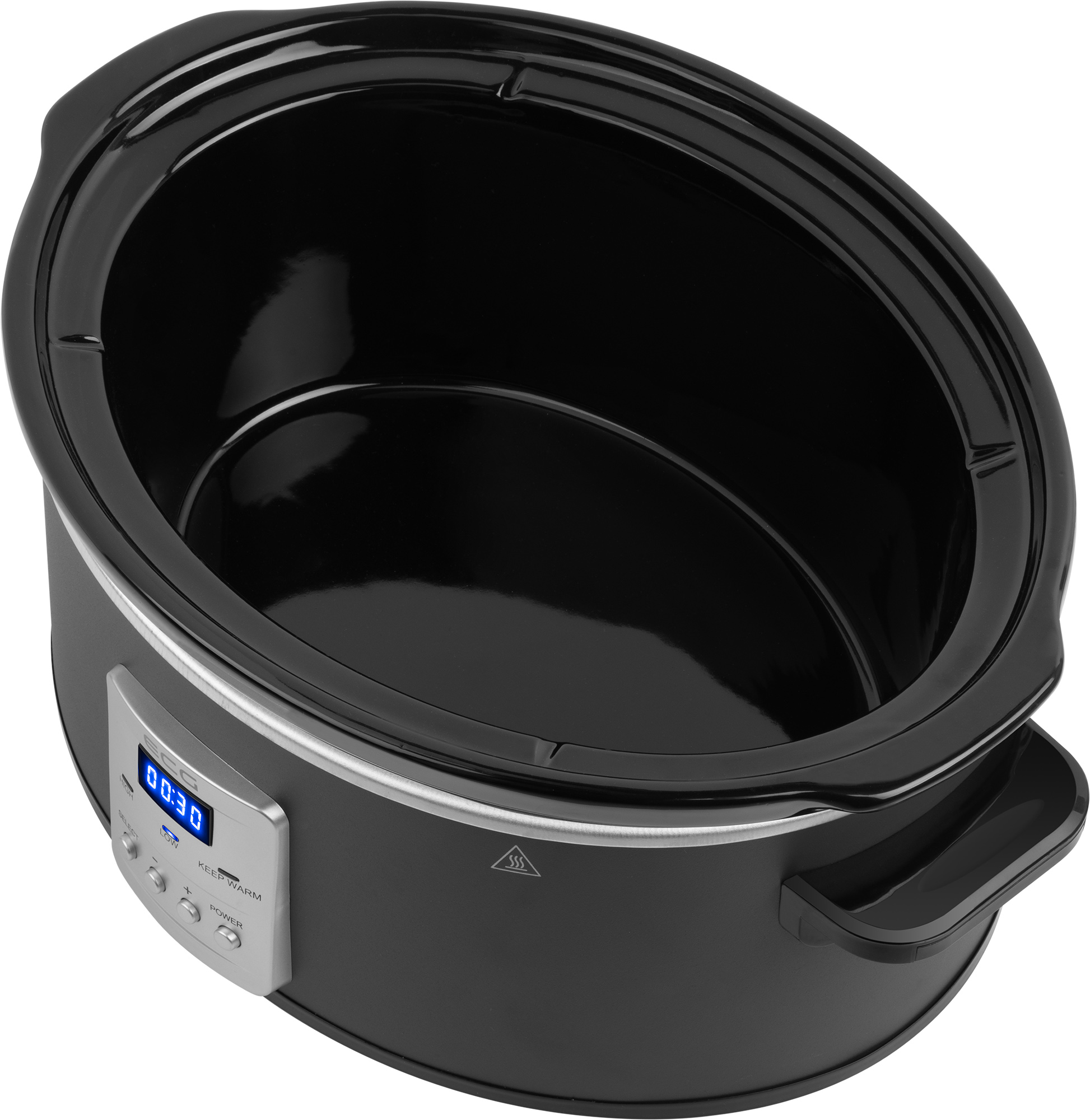 Ein schwarzer Slow Cooker mit digitaler Anzeige und Griff. Er ist leer.