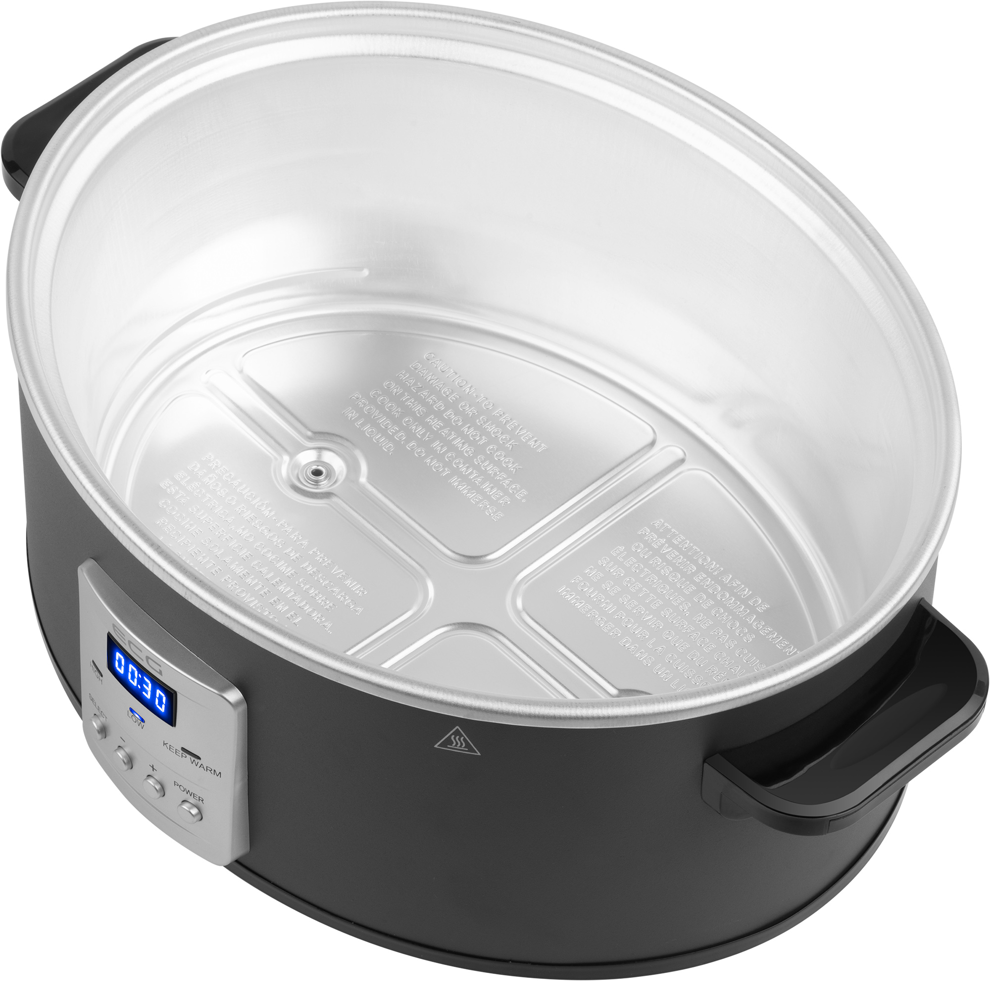 Schwarzer Slow Cooker mit Digitalanzeige und Griffen. Es hat einen Edelstahlinnenraum. Draufsicht.