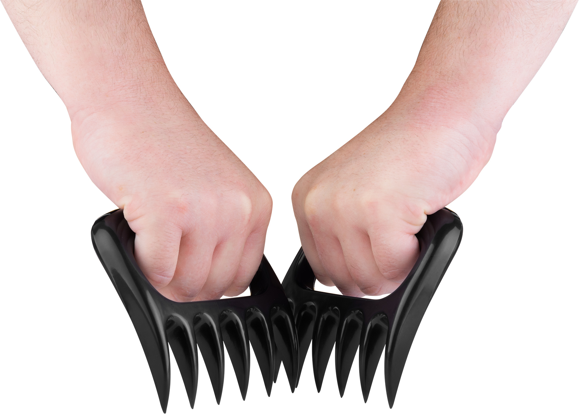 Zwei Hände halten schwarze Fleischkrallen. Die Krallen sind nach außen gerichtet und einsatzbereit.