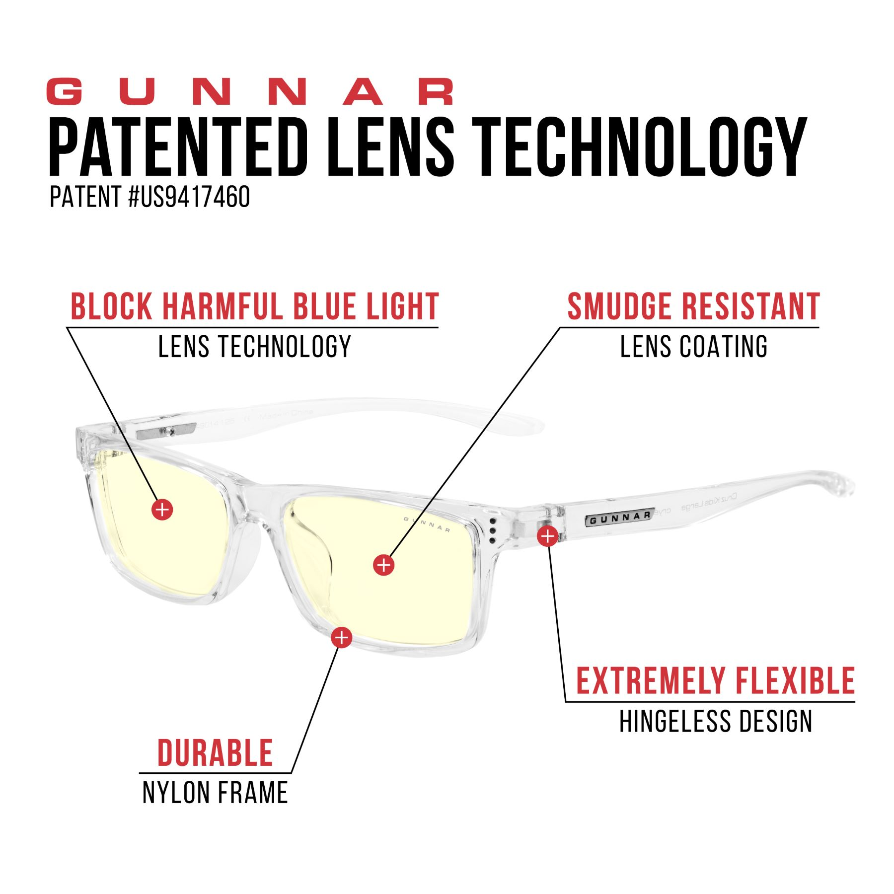 GUNNAR Kids - Cruz Premium, Kids Tönung, Brille Blaulichtfilter, 8-12), Gaming Amber (age Crystal UV-Schutz, Large Rahmen