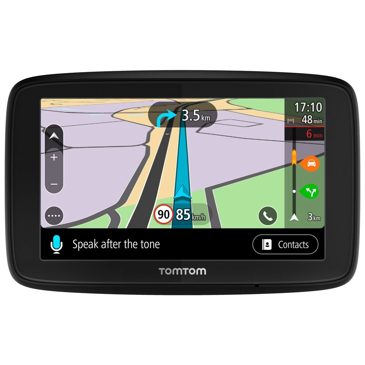 Ein schwarzes GPS-Gerät zeigt eine Karte mit einer Route. Der Bildschirm zeigt Geschwindigkeit, Zeit und Navigationsinfos.