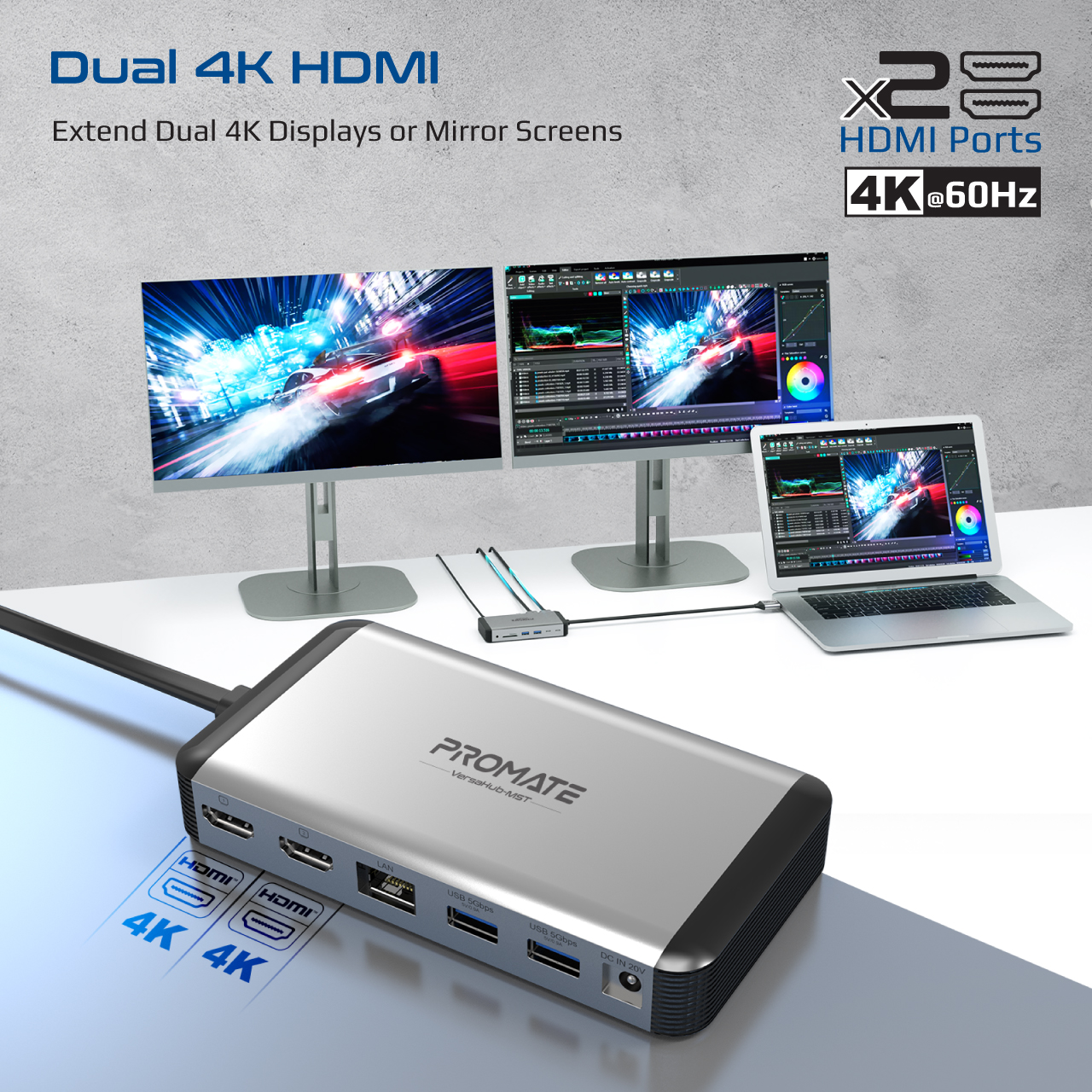 Dispositivo Promate plateado con puertos HDMI, conectado a dos monitores y una laptop.