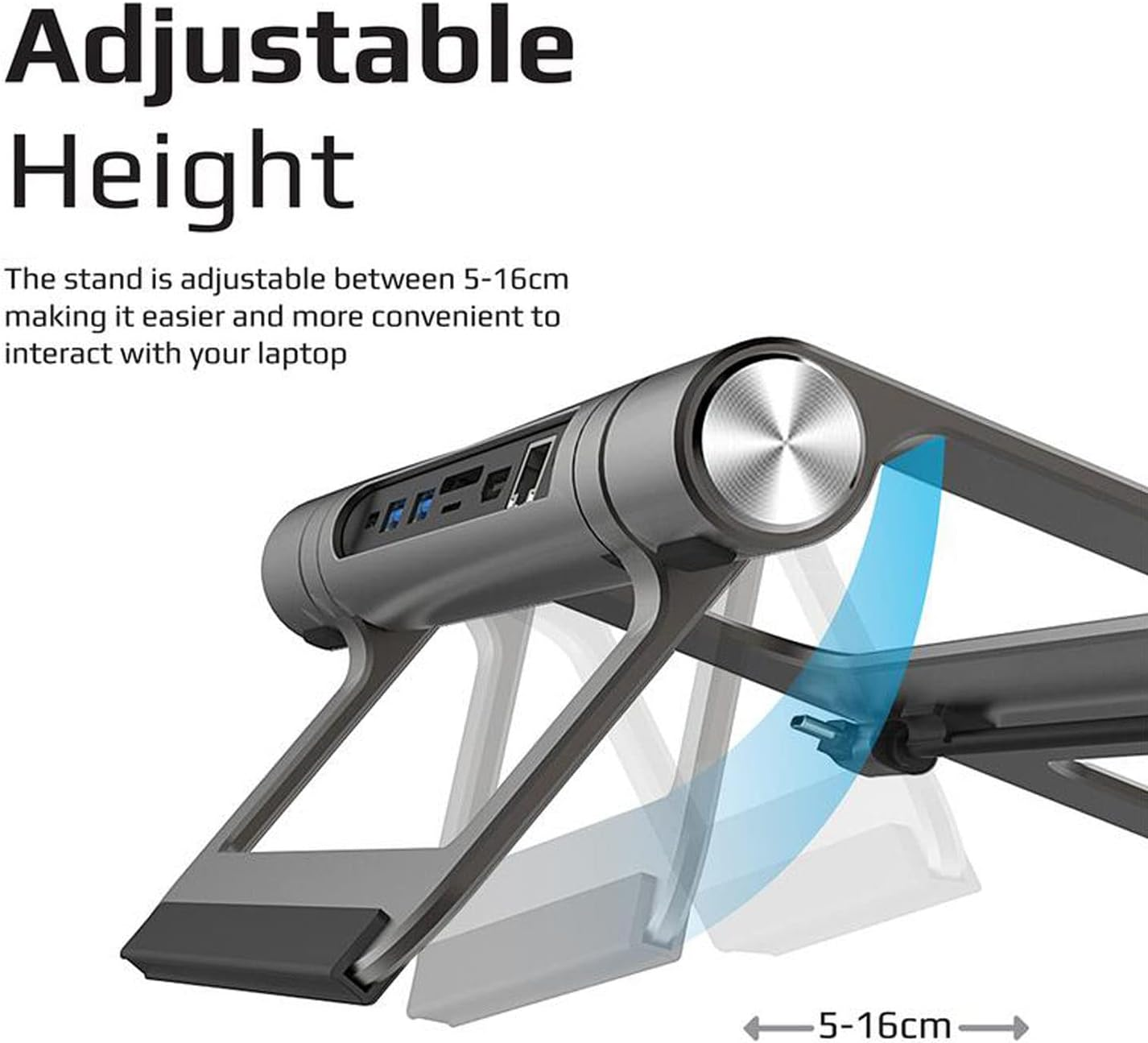 Un supporto per laptop con altezza regolabile, che mostra una sezione con un hub USB.