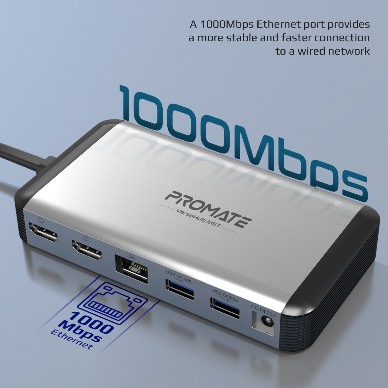 Concentrador plateado con puertos, texto 1000Mbps e ilustración de conexión de red cableada.