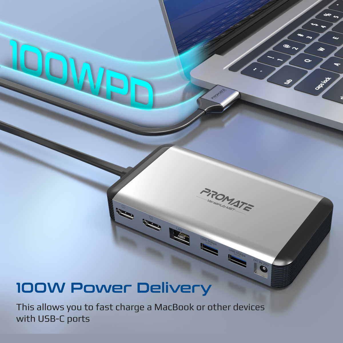 Un concentrador USB-C plateado conectado a una computadora portátil. El texto dice '100W Power Delivery' y 'Promate'.