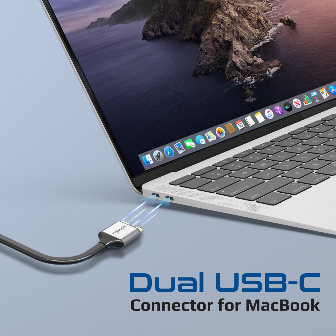 Portátil con cable USB-C conectado. Muestra un conector USB-C dual para MacBook.