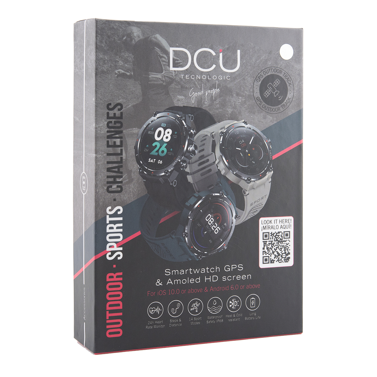 Pudełko smartwatcha z różnymi funkcjami i kodem QR, z trzema smartwatchami.