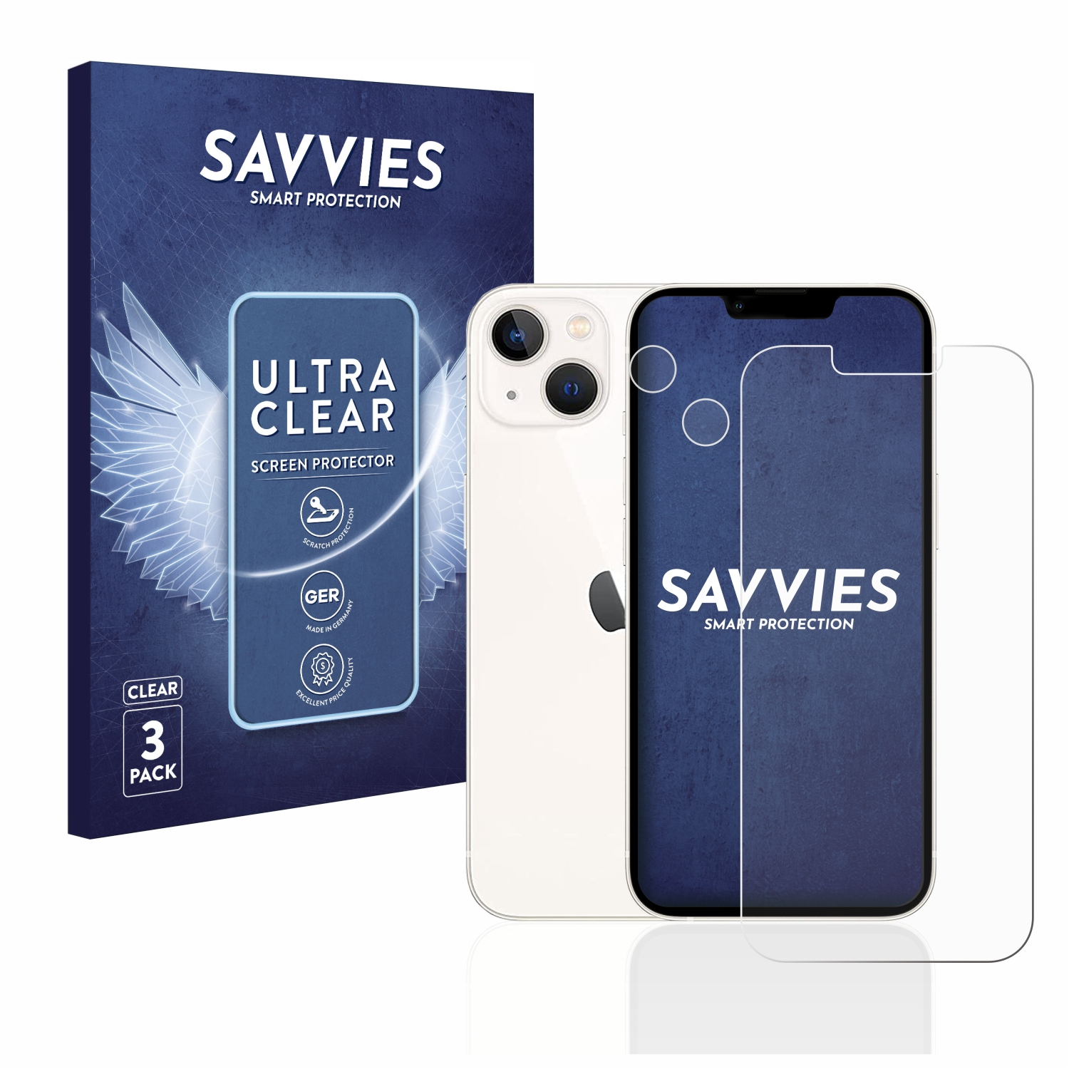Ein iPhone 13, eine Displayschutzfolienbox und eine Displayschutzfolie werden präsentiert.