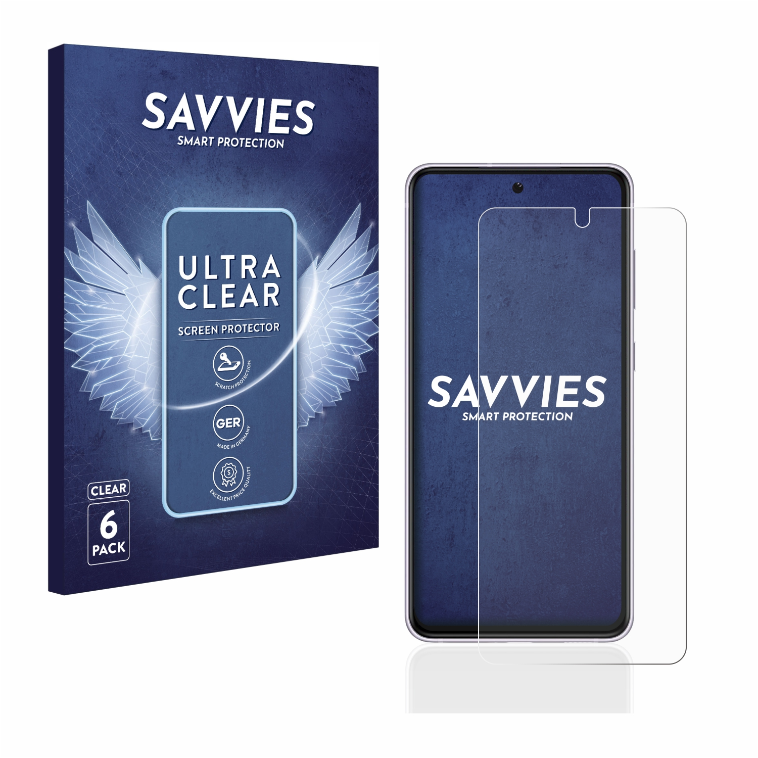 Schutzfolienbox und Telefon. Schutz auf dem Telefonbildschirm. Marke: Savvies.