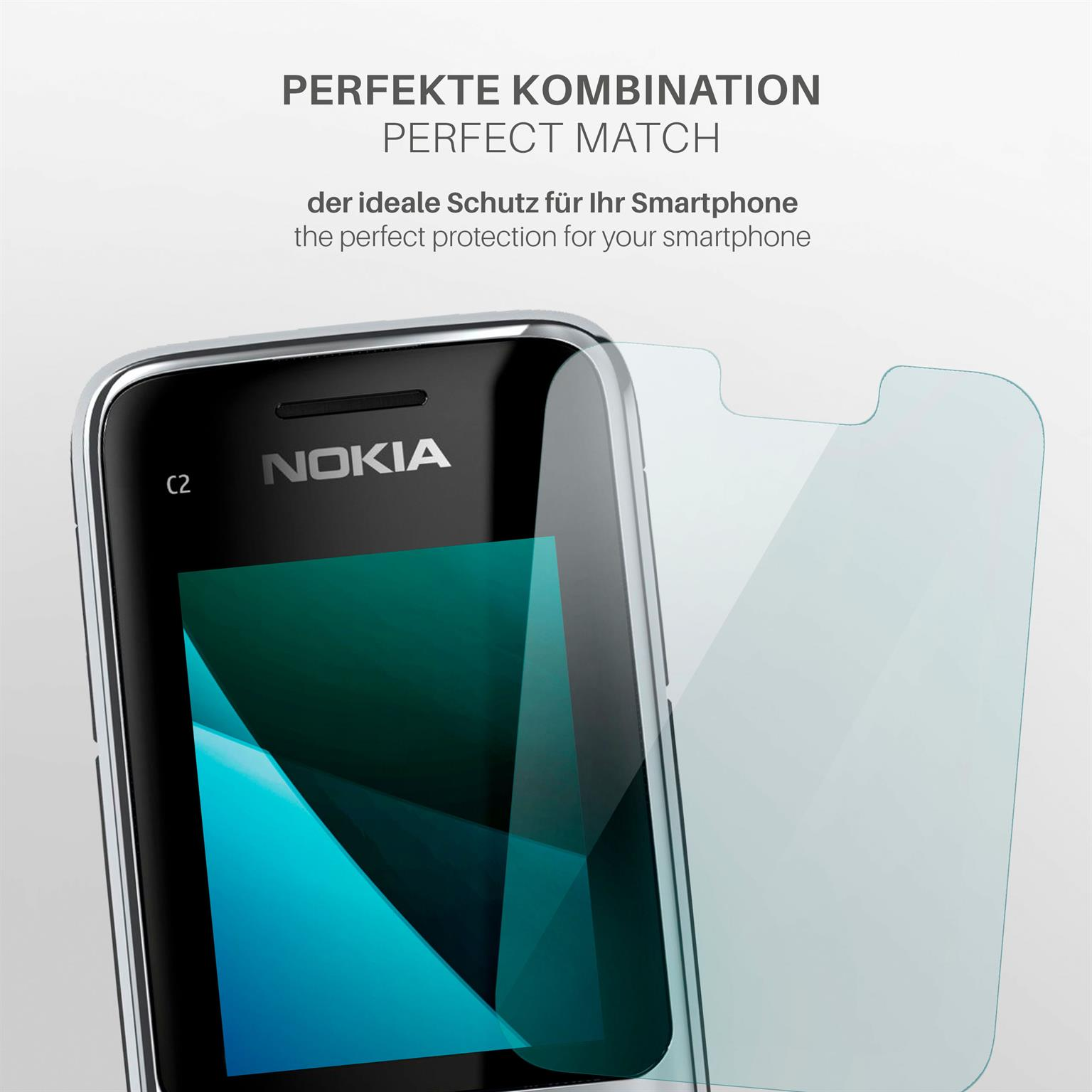 Schwarzes Nokia-Telefon mit Displayschutz, Text 'perfekte Kombination' sichtbar.