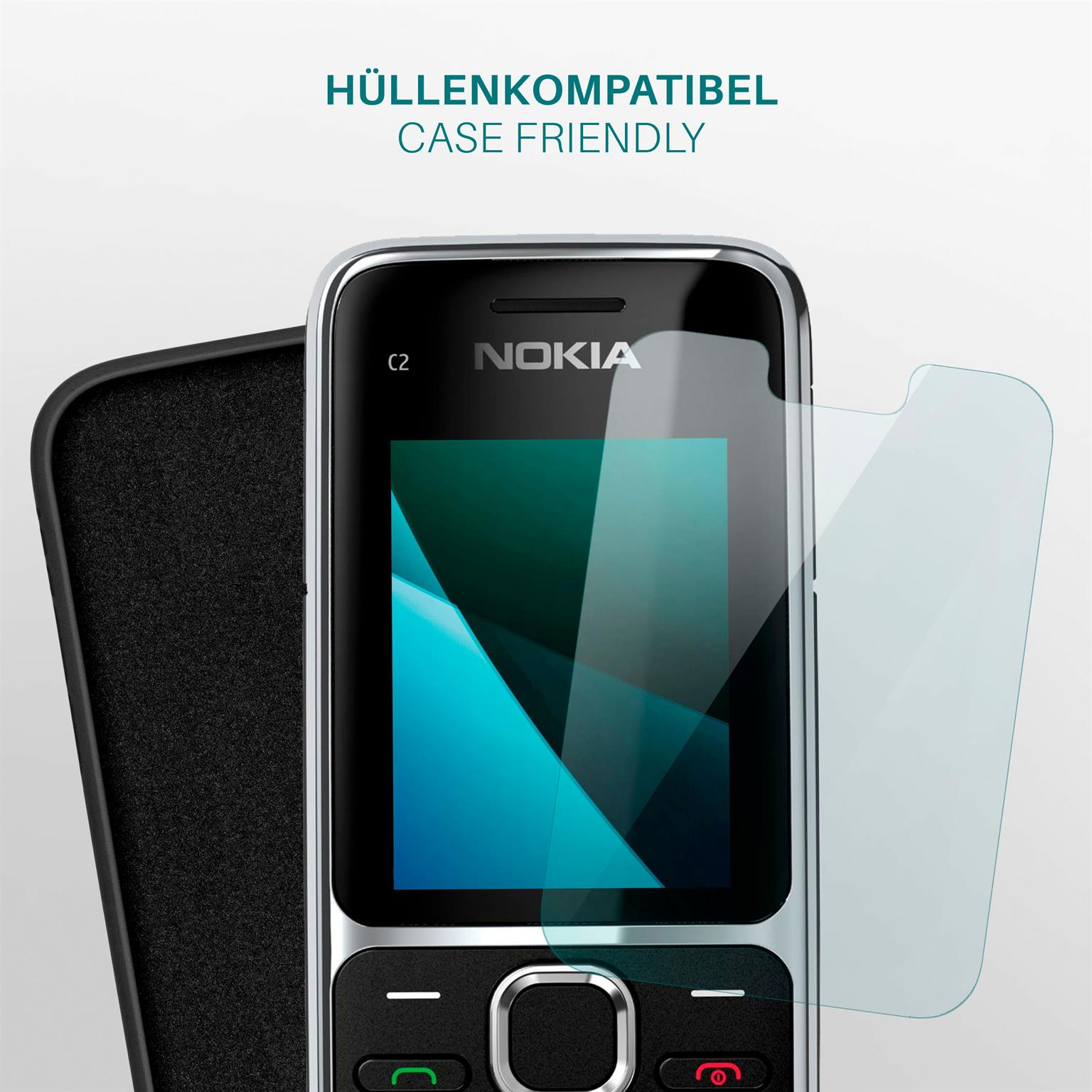 Nokia C2 Telefon mit Displayschutz. Links eine schwarze Handyhülle. Das Telefon hat einen tealfarbenen Bildschirm.