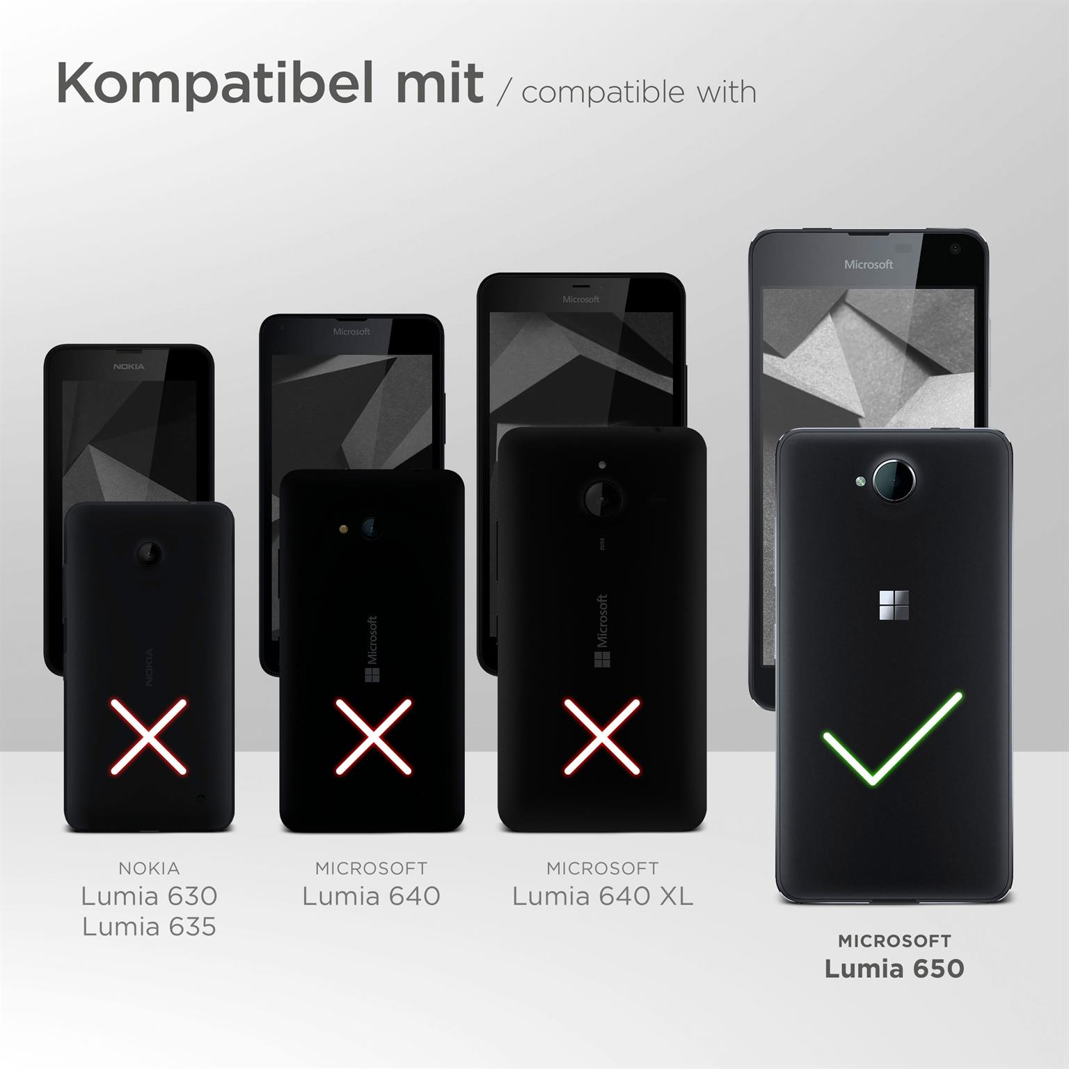 Bild zeigt Handys mit Hüllen. Nur Microsoft Lumia 650 kompatibel. Nokia und Microsoft-Handys sind inkompatibel.