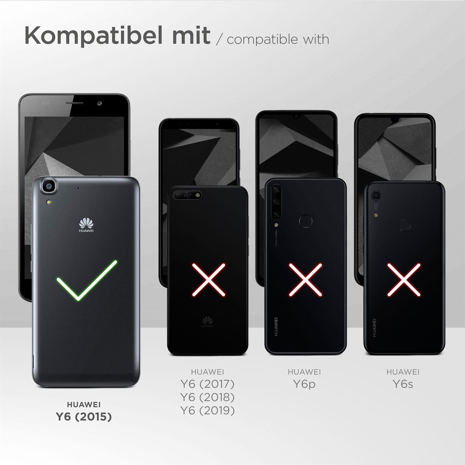 Schwarze Telefonhülle mit grünem Häkchen und Huawei-Telefon. Andere Huawei-Telefone haben rote X's.