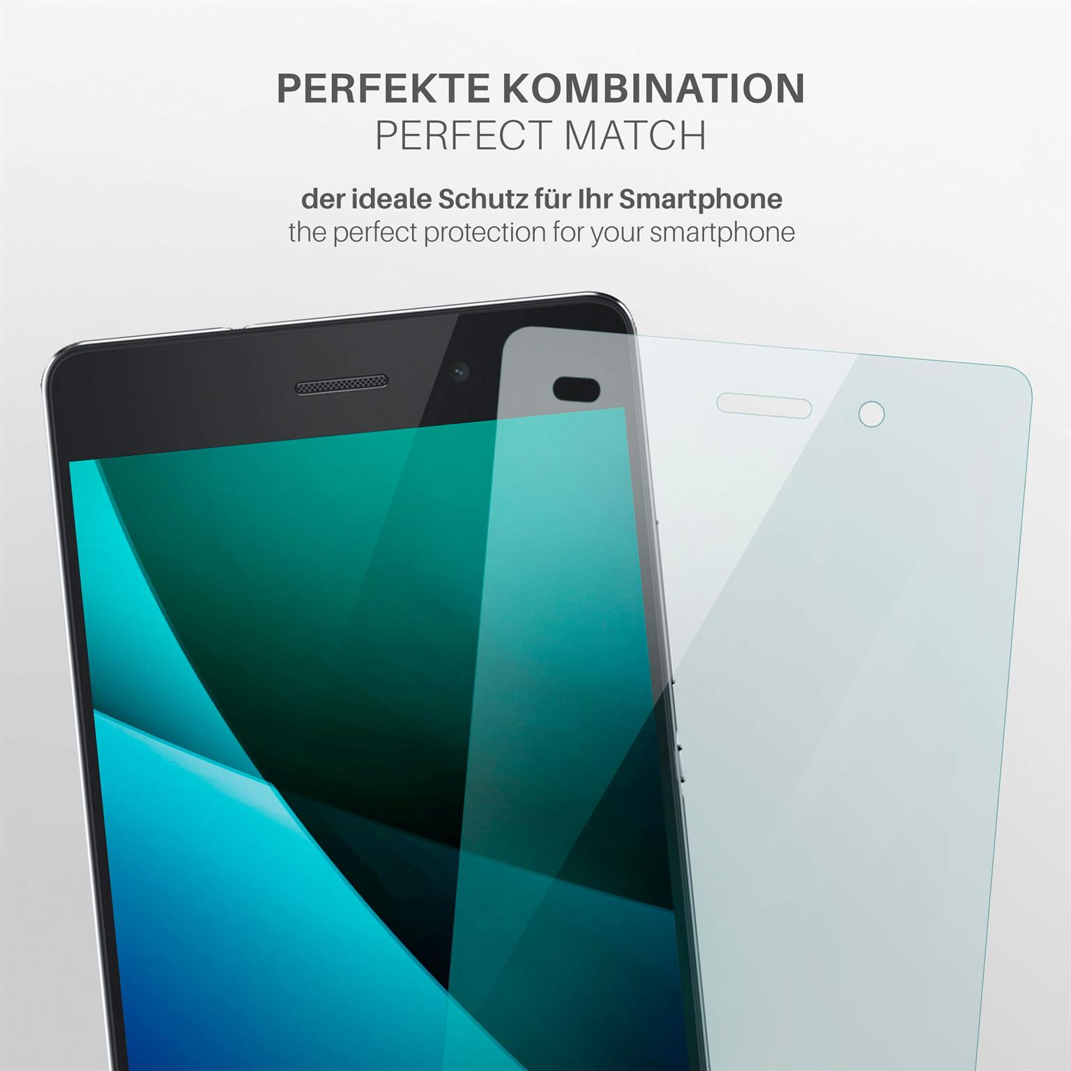 Smartphone mit Displayschutzfolie daneben. Text: Perfekte Übereinstimmung. Weißer Hintergrund.