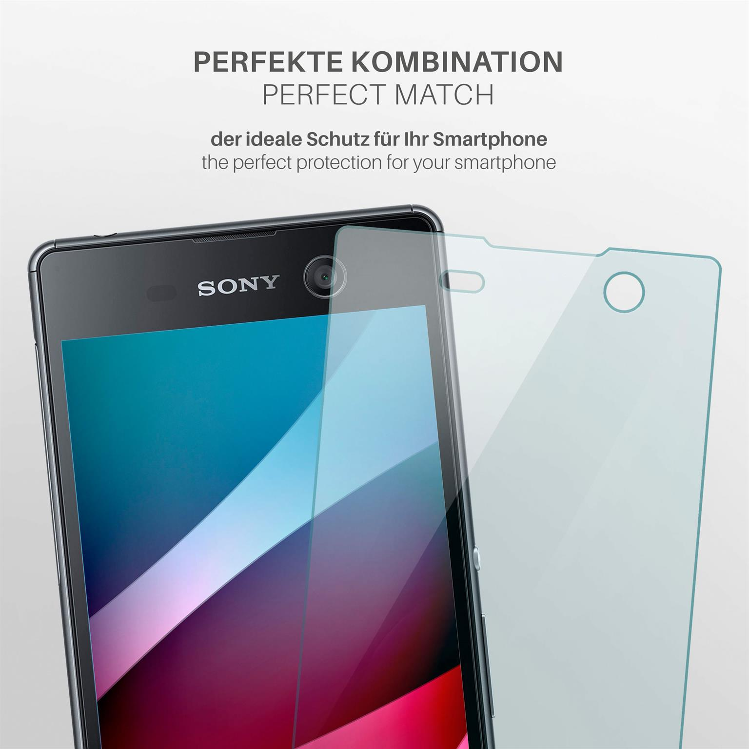 Smartphone und Displayschutz. Das Telefon ist schwarz mit rotem und rosa Bildschirm. Der Schutz ist klar.